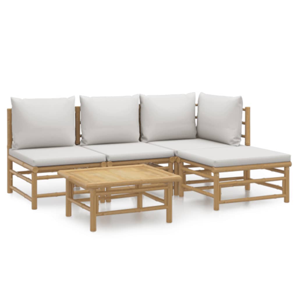 vidaXL Set de muebles de jardín 5 piezas bambú y cojines gris claro