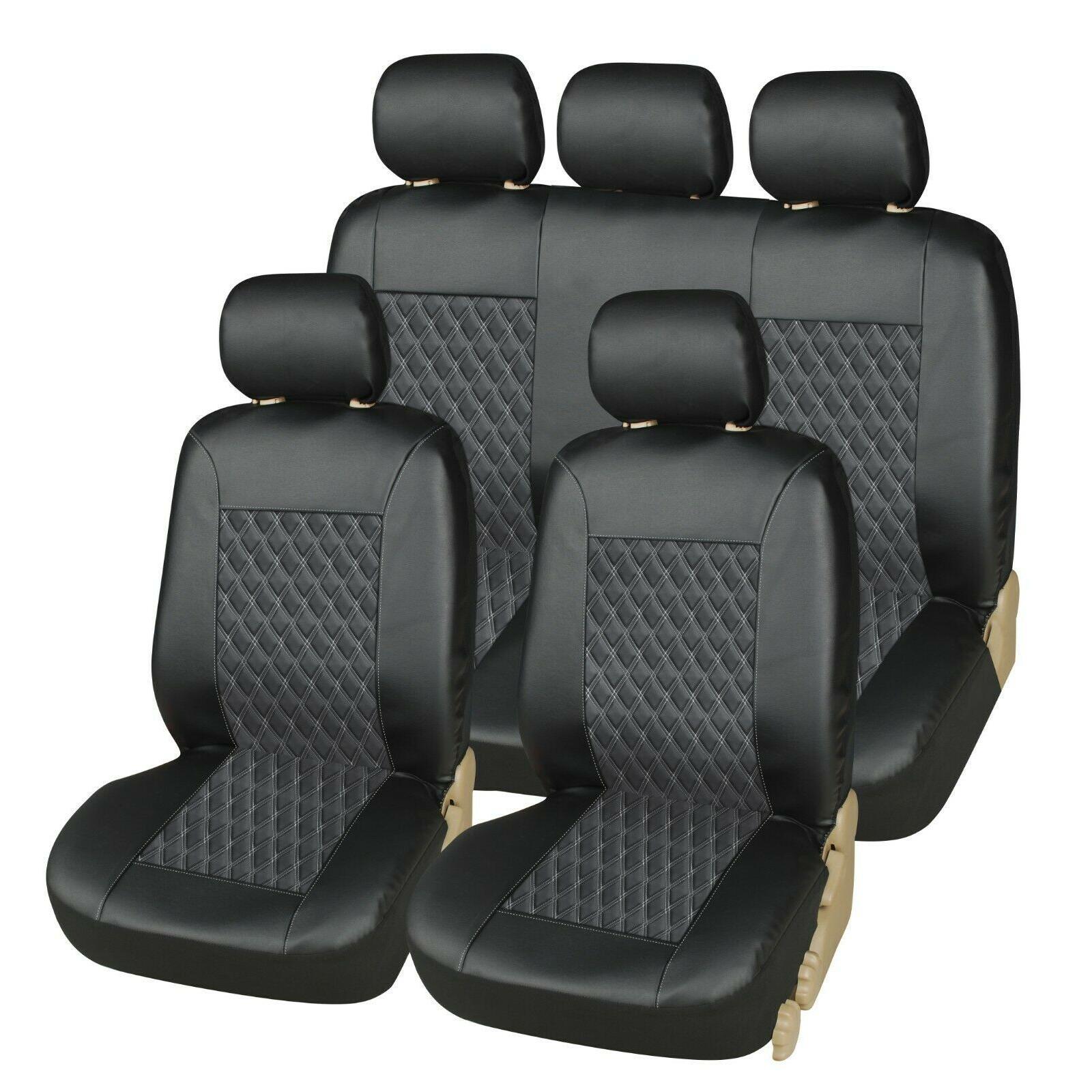 TK Funda de asiento de coche de cuero sintético PU, cojín universal negro para las cuatro estaciones, para 5 plazas, universal, nuevo estilo, con bordado acolchado.