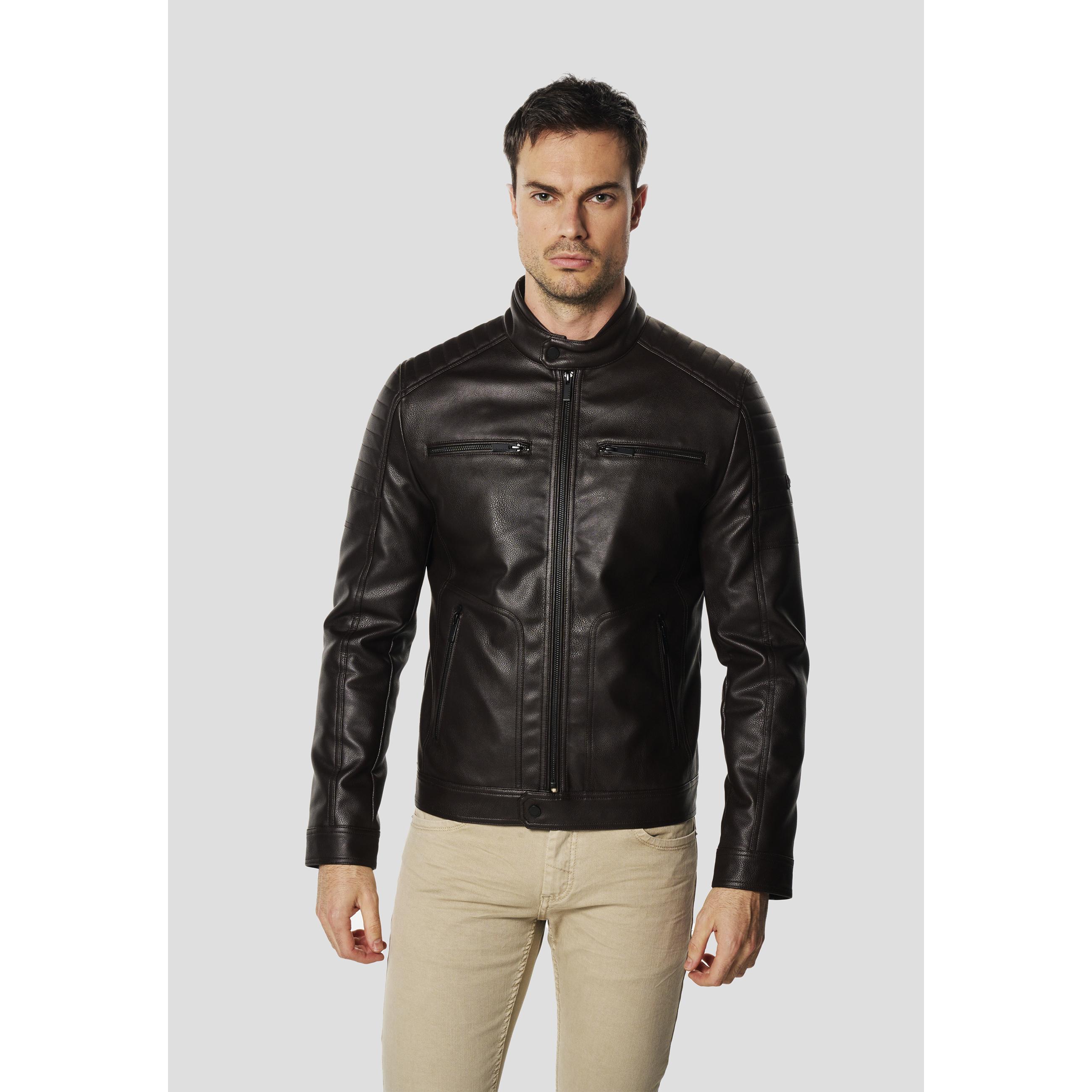 Koroshi - Chaqueta biker efecto piel para hombre, con cuello mao y cremallera metálica, acabado mate y tacto suave – Koroshi Chaqueta Biker