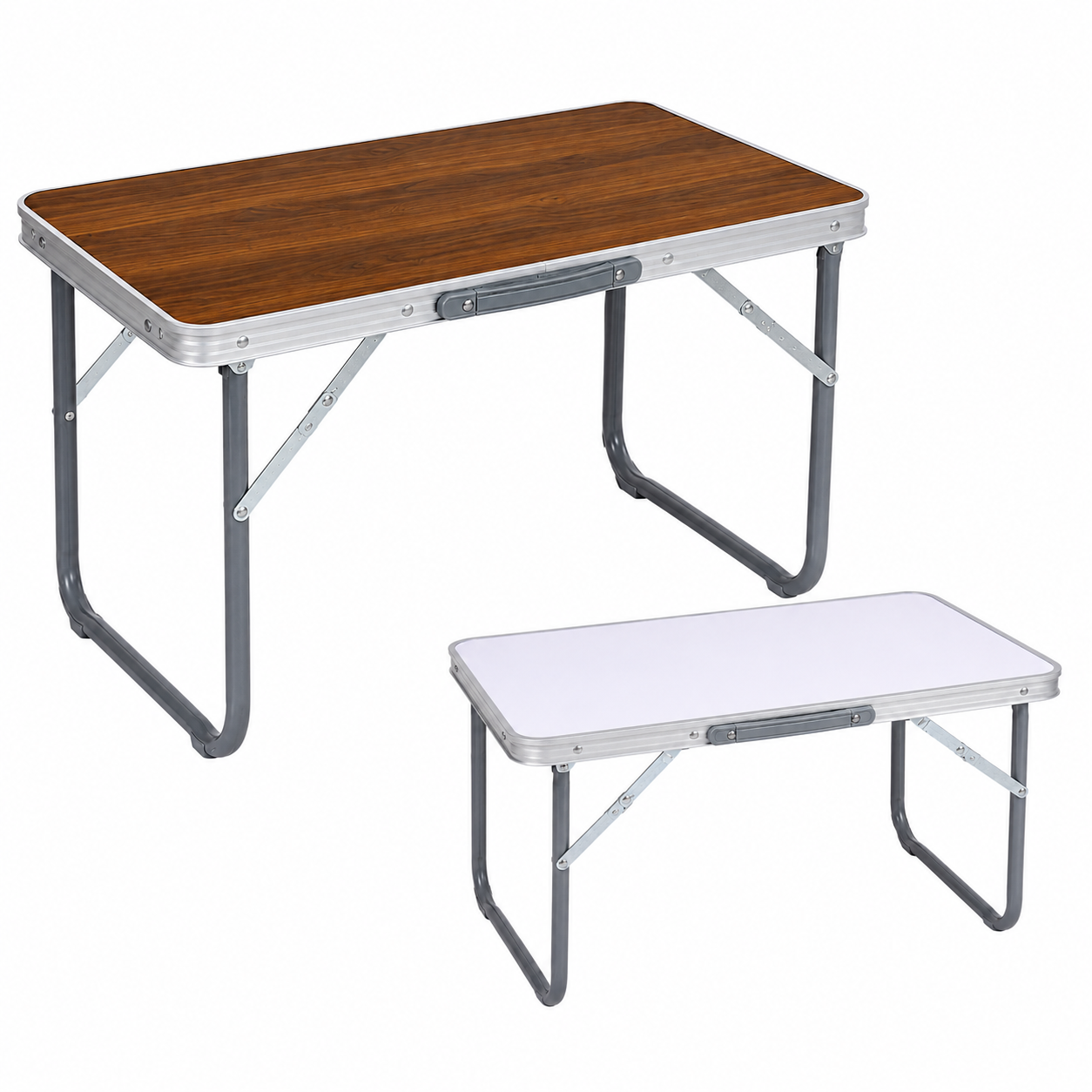 GenericToner - Mesa plegable efecto madera 60x40x40 cm con estructura metálica resistente para camping, playa, jardín y terraza, ligera y fácil de transportar con asa integrada