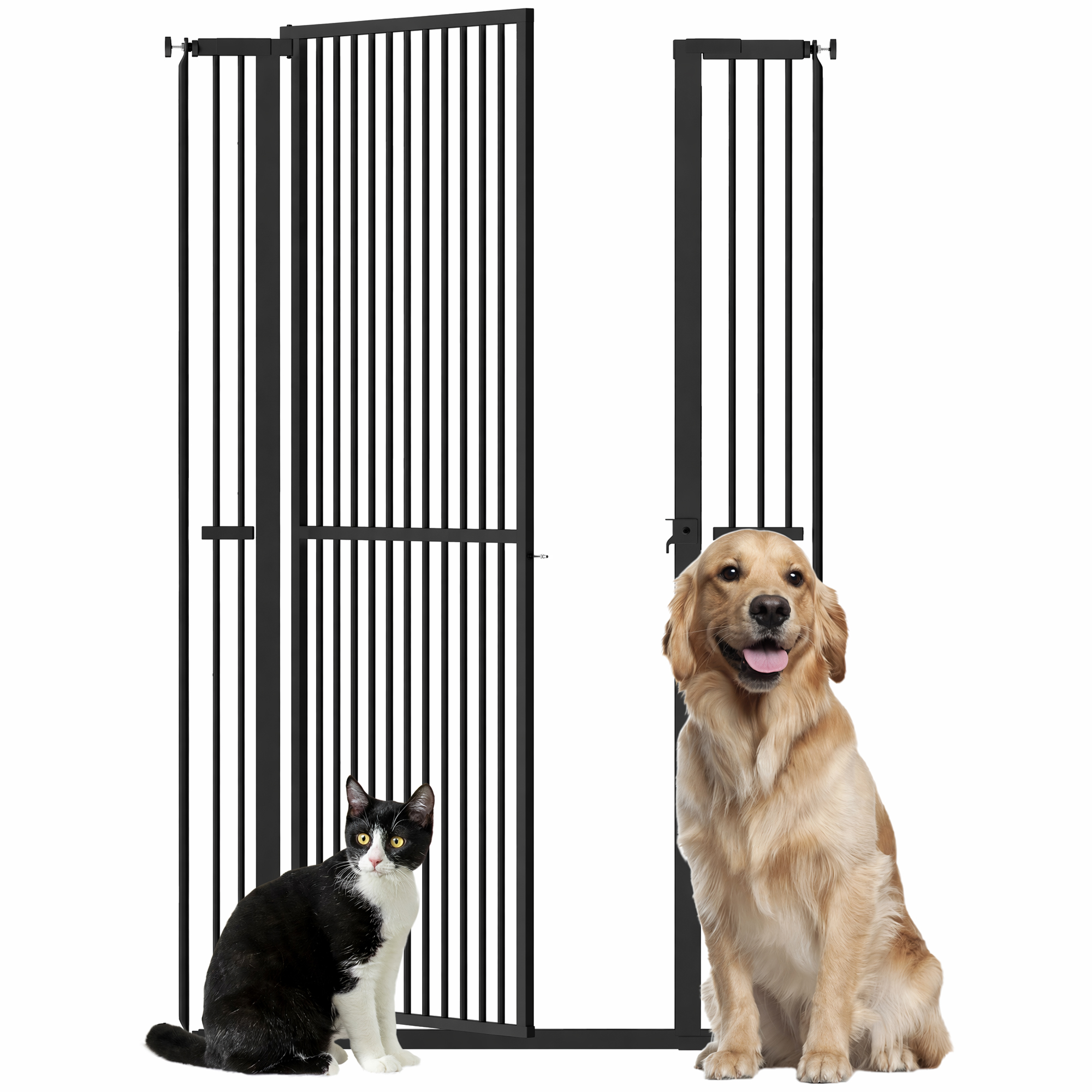 PawHut Barrera de Seguridad para Perros y Gatos Extra Alta 150 cm, Barrera para Perros Extensible 77-104 cm para Puertas y Escaleras, con Montaje a Presión, 2 Extensiones y Puerta de Paso, Negro