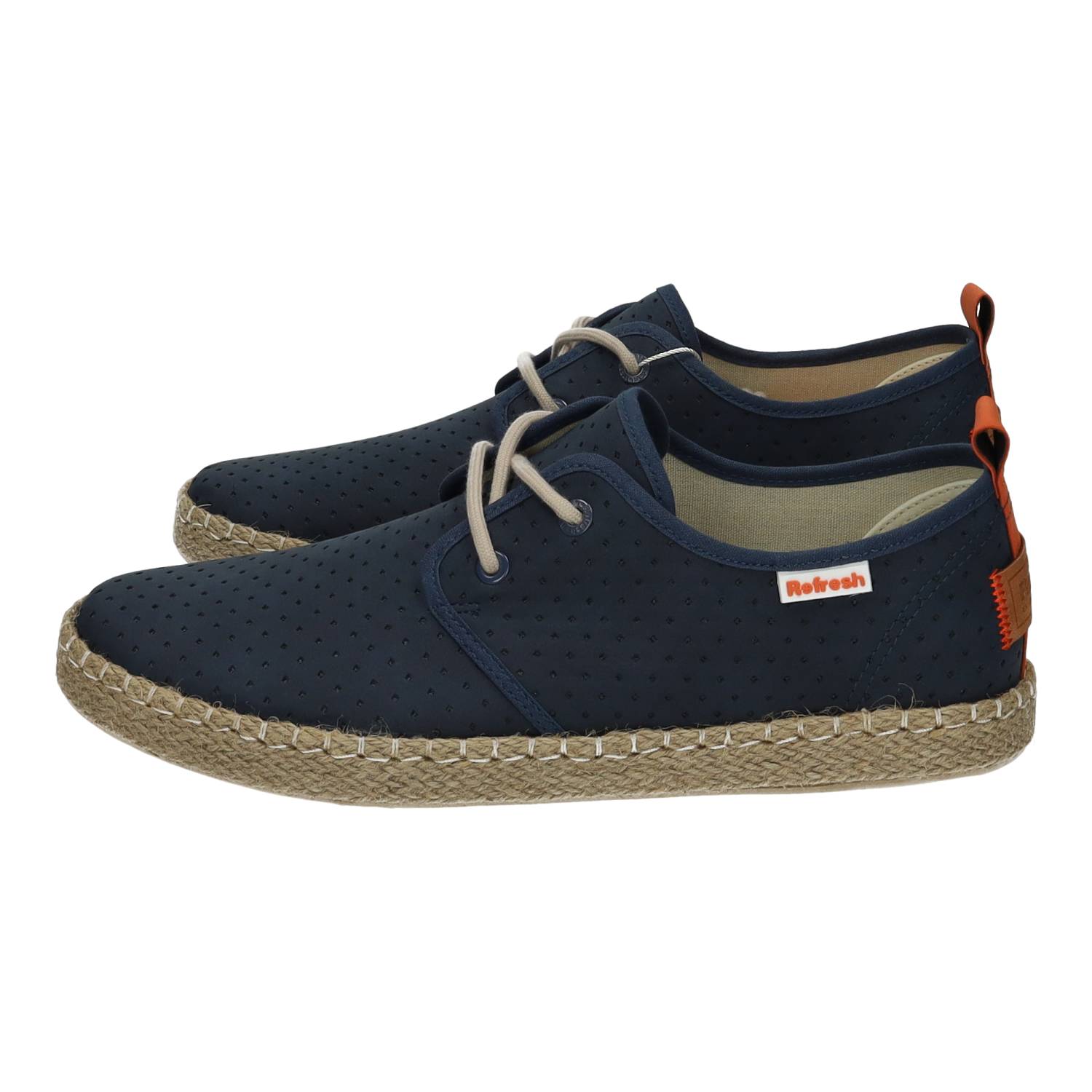 Zapatillas marca REFRESH para hombre en color marino. Zapatos casual con cordones y suela efecto yute, diseño troquelado transpirable
