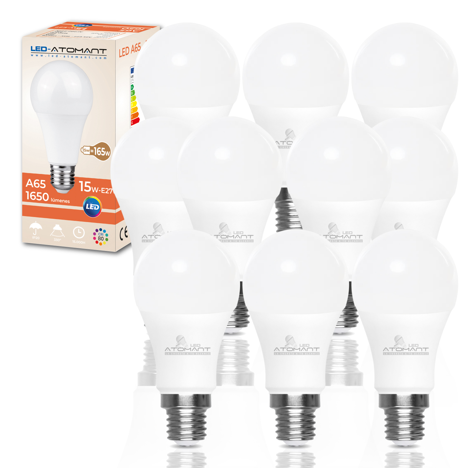 LED ATOMANT Bombilla LED E27 A65 15W, 1650 Lumenes, Casquillo grueso, Equivalencia 165W, No Regulable, Bajo consumo