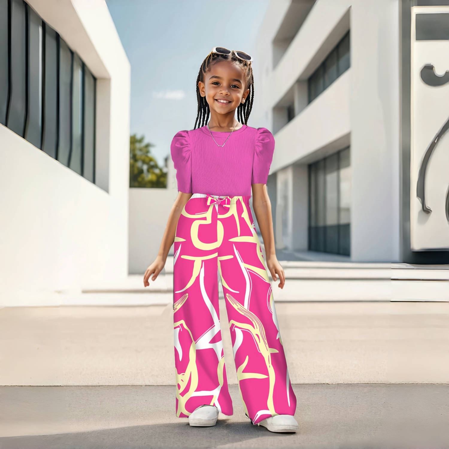 TK Conjunto De Ropa Infantil Para Niñas Con Manga Puff Casual Floral Print Pantalones De Pierna Ancha Estilo Casual Verano Polyester Elastane