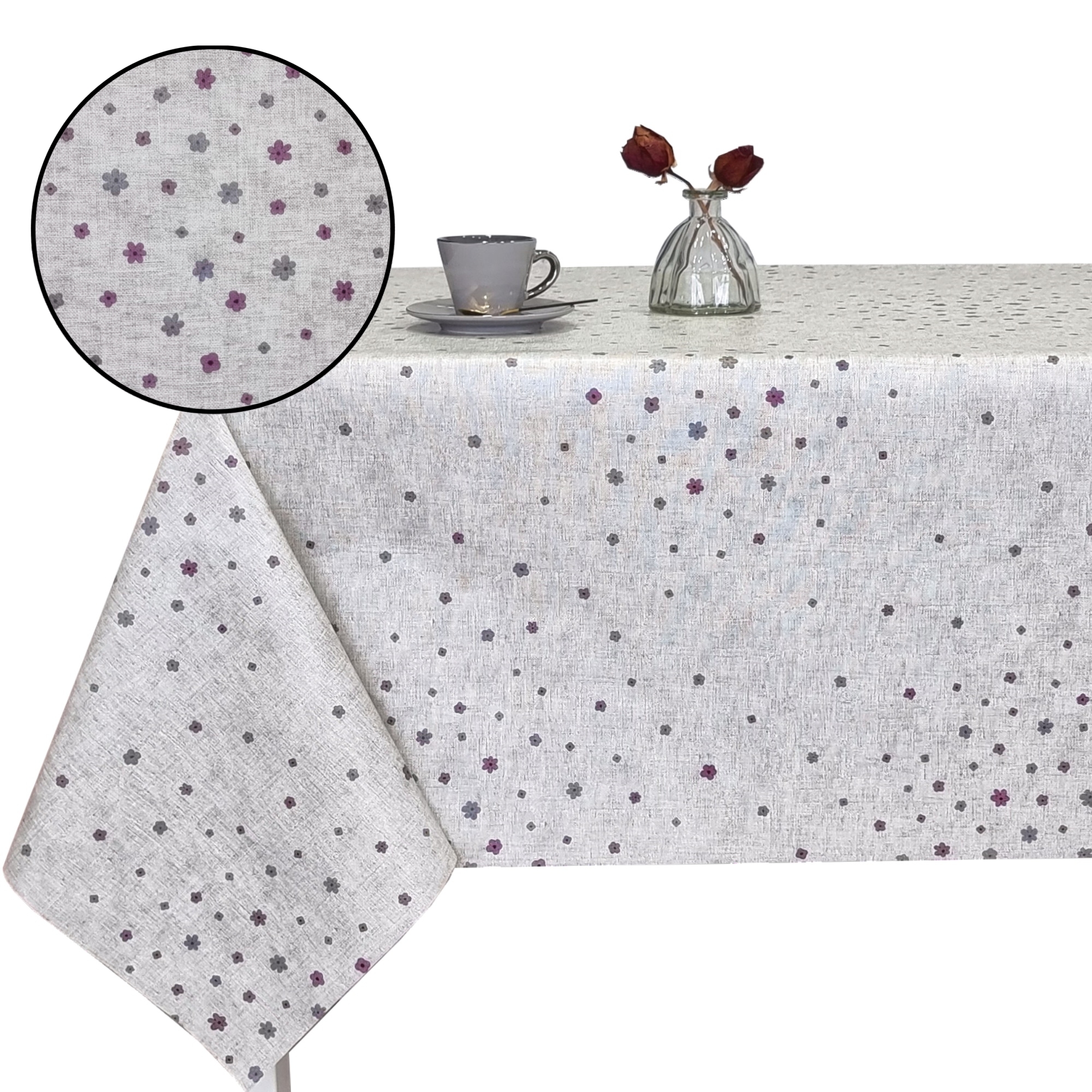 Mantel de hule PVC rectangular impermeable, diseño floral pequeño en tonos gris y malva, fácil de limpiar, ideal para cocina y comedor