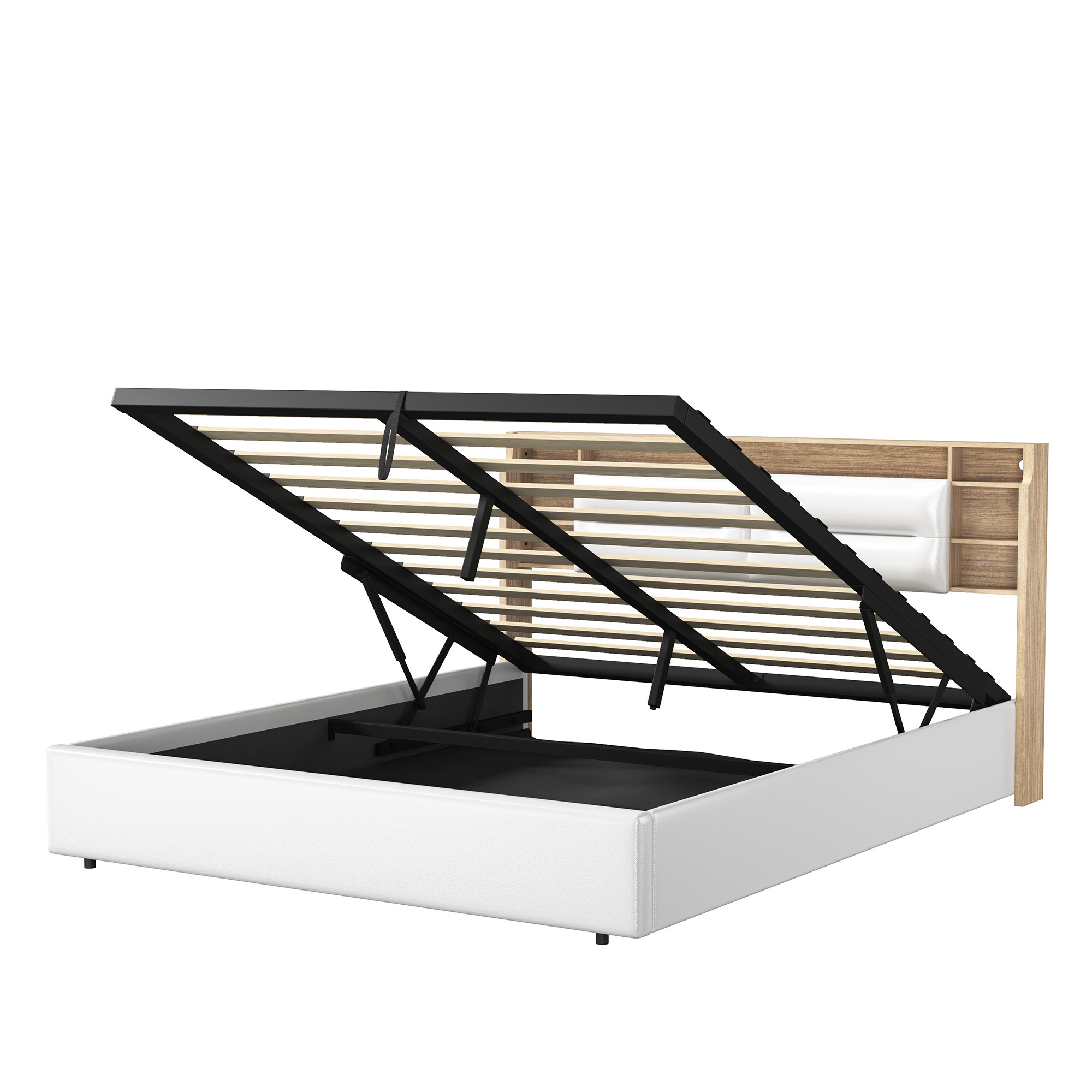 Superaly White Upholstered Bed 160 x 200 cm, Folding Headboard with Storage Space, LED Lighting, PU Leather, Mattress Not Included, for Adults and Teenager