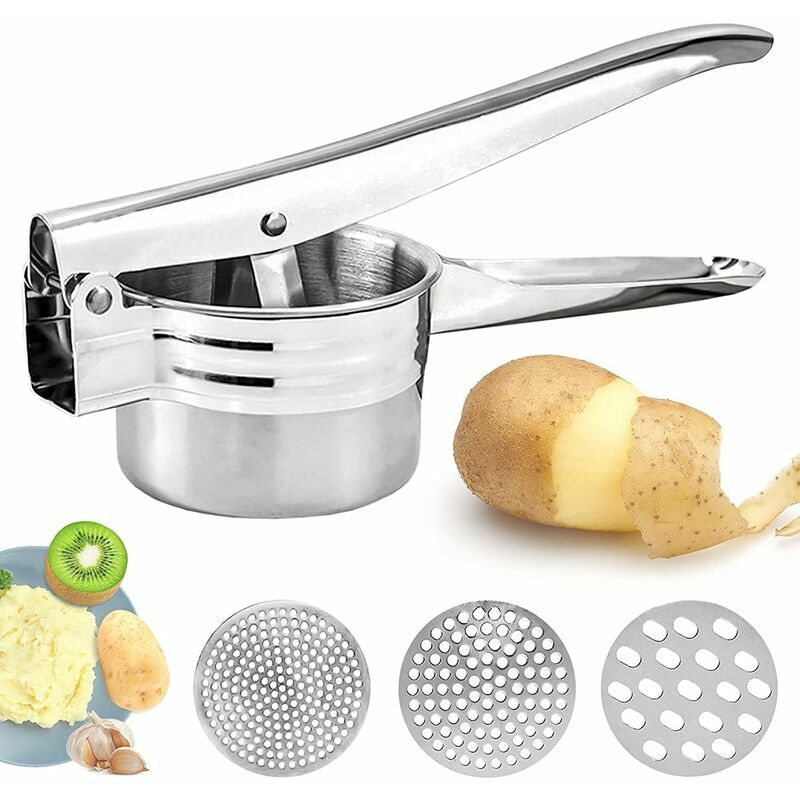 CA Machacador de patatas manual profesional de acero inoxidable con 3 discos intercambiables para frutas, verduras y papillas.