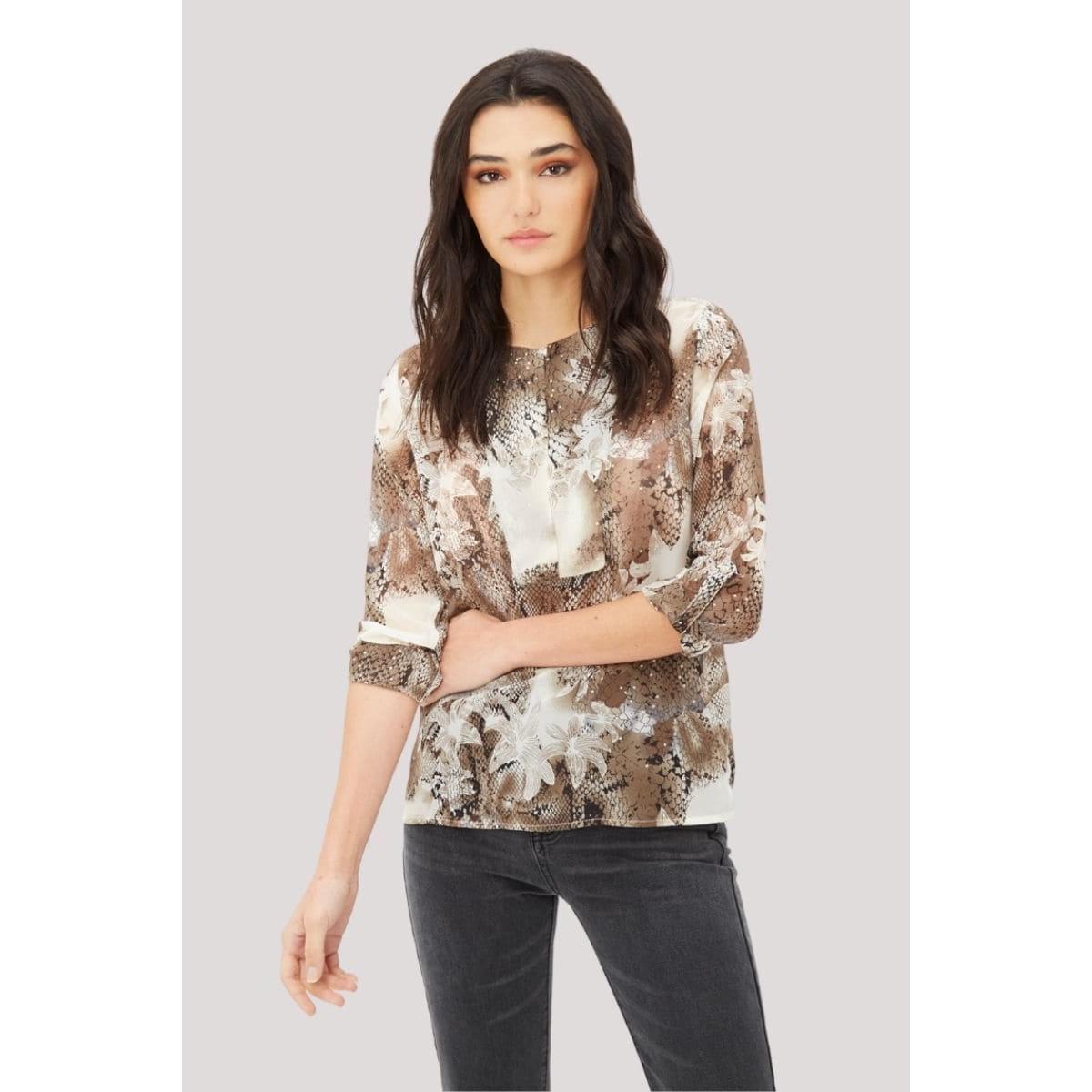 Blusa mujer, top, camisa tejido ligero superpuesto estampado floral reptil, viscosa cuello redondo, manga tres cuartos, marrón beige blanco, elegante versátil talla 38, combina jeans oficina urbana ✅Entrega 24/48h