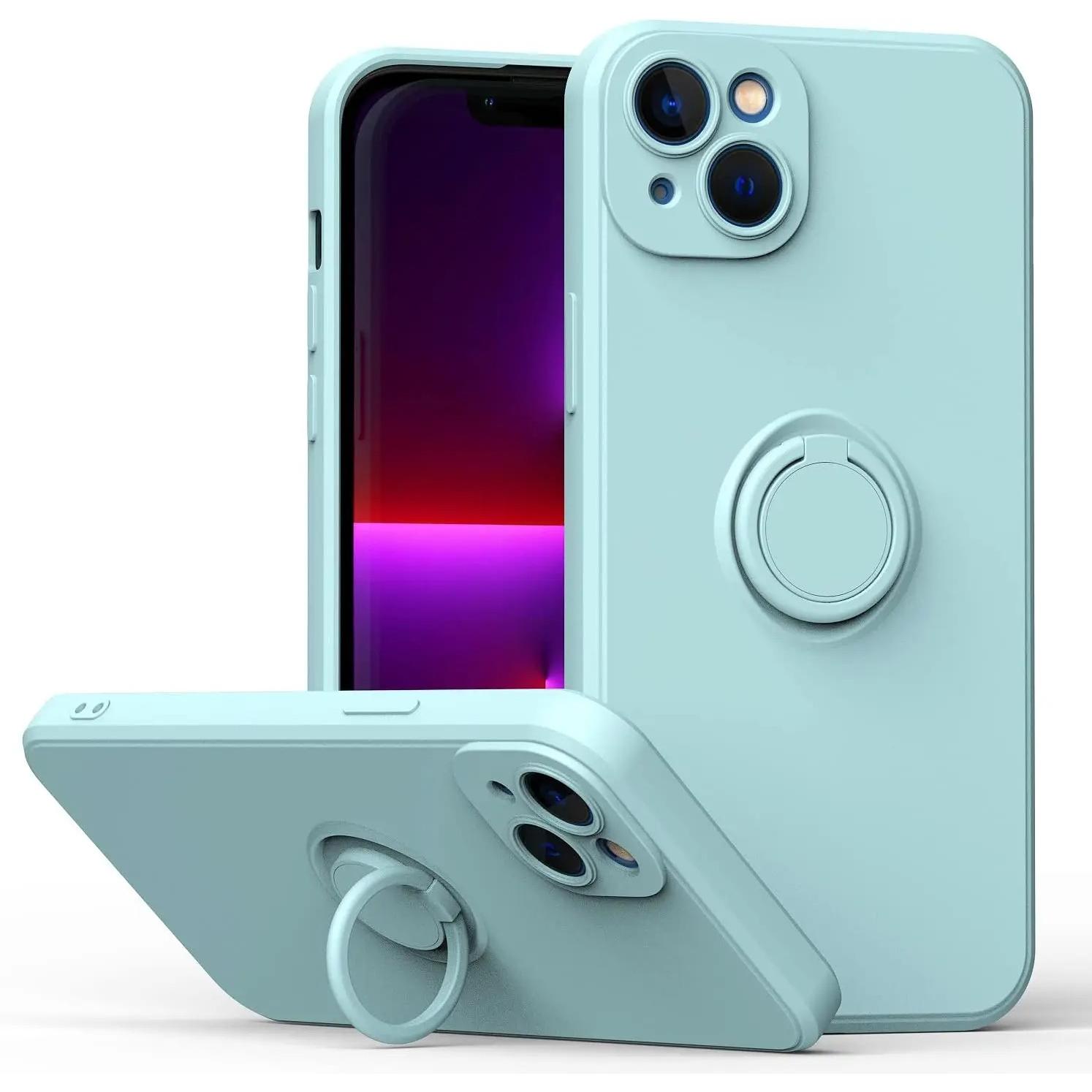 Funda De Silicona Con Anillo Giratorio Para Iphone 12 13 14 Pro Max Mini Plus Flexible Microfibra Suave Soporte Anillo Giratorio Magnético Varios Colores Naranaja Negro Azul Morado Verde Agua