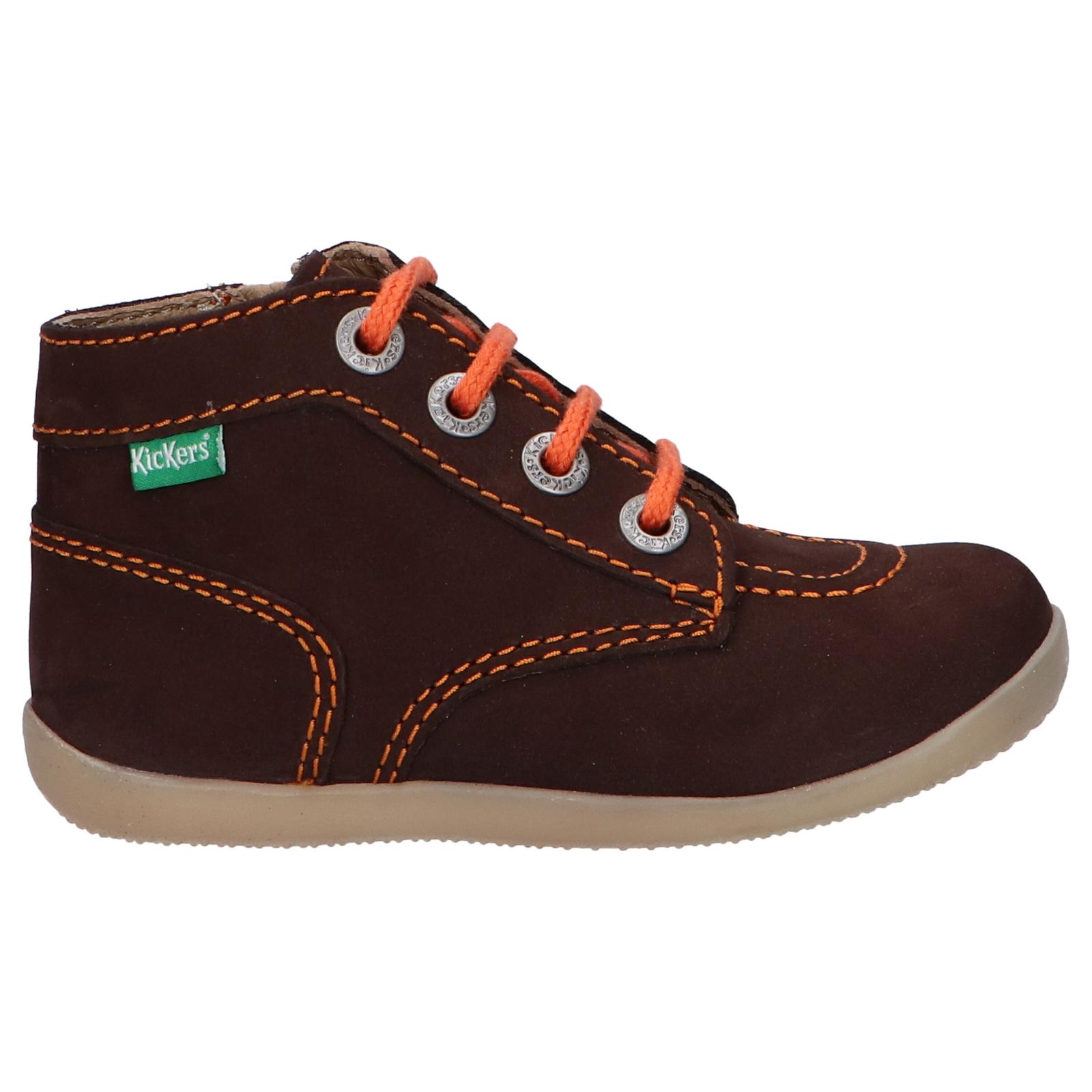 Kickers 653097 BONZIP-2 92 Brown and Orange Boots for Boys and Girls, durable leather with padded insole, non-slip sole for safety, and flexible design, perfect for active kids exploring outdoors.