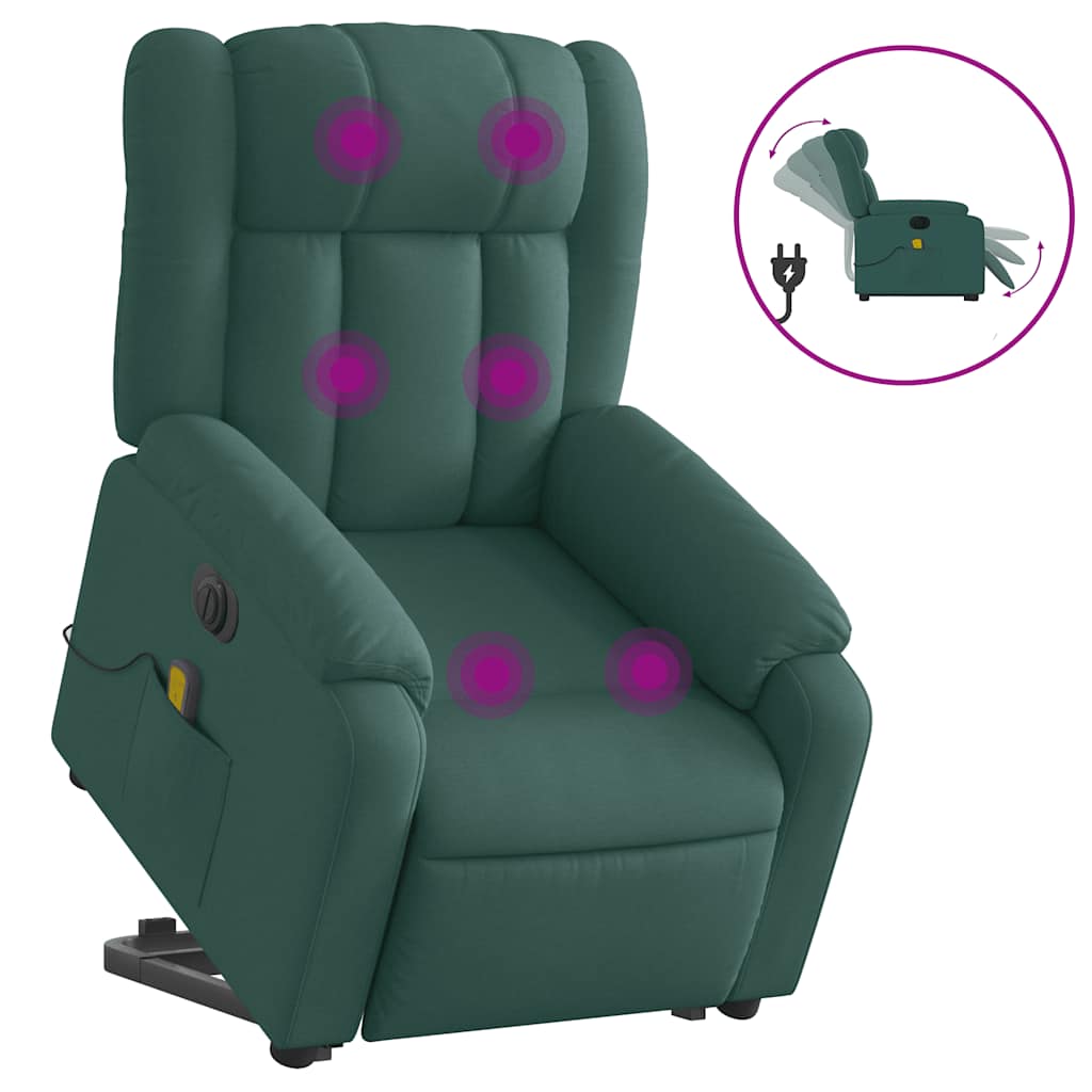 vidaXL Sillón masaje eléctrico reclinable elevable tela verde oscuro