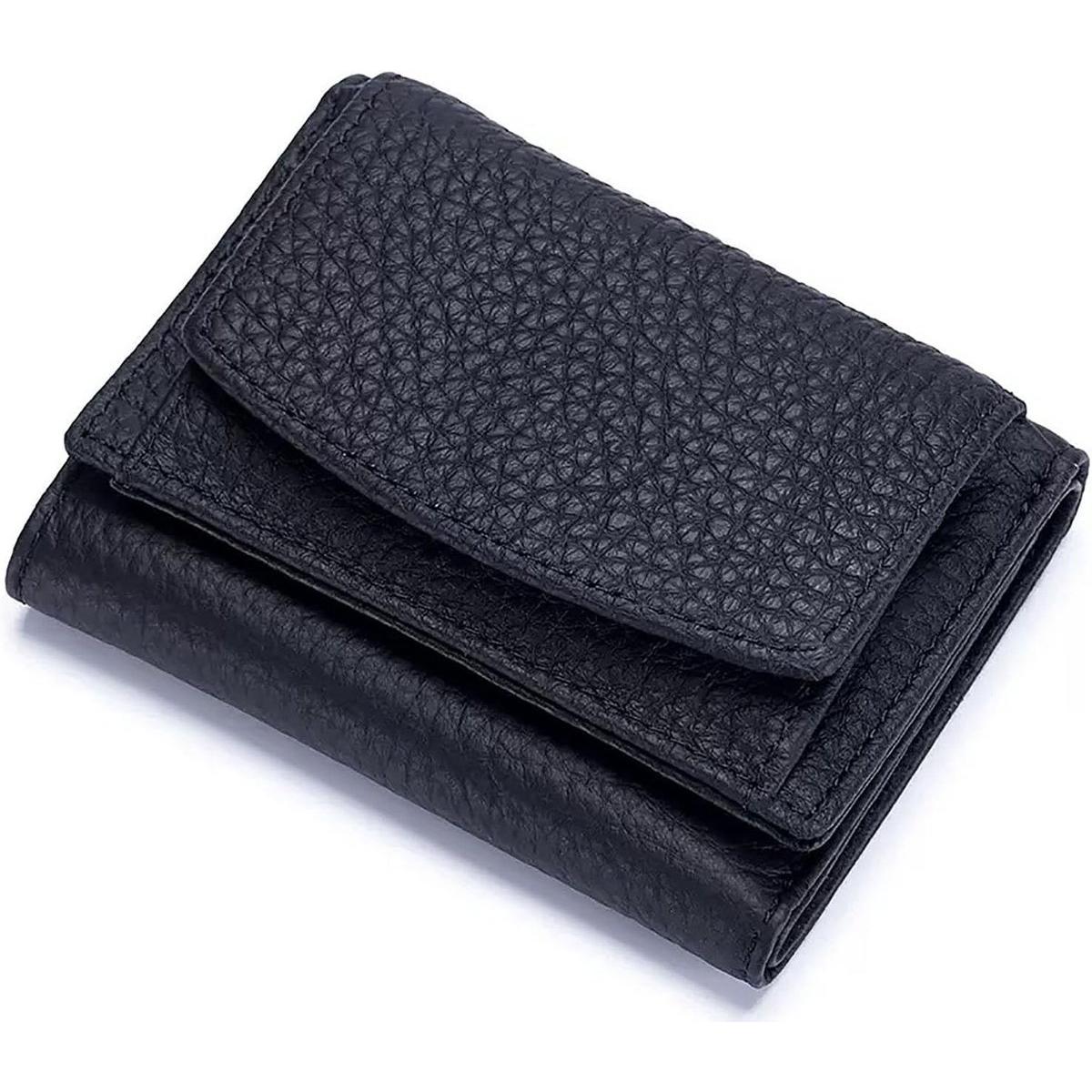 Cartera compacta para mujer - Con monedero y compartimentos para tarjetas - Negra - Fabricada en piel de vacuno sostenible