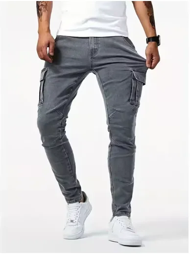 TK Pantalones De Mezclilla Ajustados Para Hombre Estilo Calleje Con Múltiples Bolsillos Y Cierre De Cremallera Jeans De Color Sólido Casual Para Uso Diario
