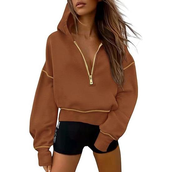 Sudaderas con capucha para mujer, manga larga, media cremallera, recortadas, sin botones, ropa de moda