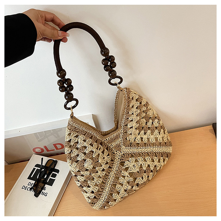 Bolso de playa de paja para mujer, estilo bohemio, hecho a mano con ganchillo, ideal para las vacaciones