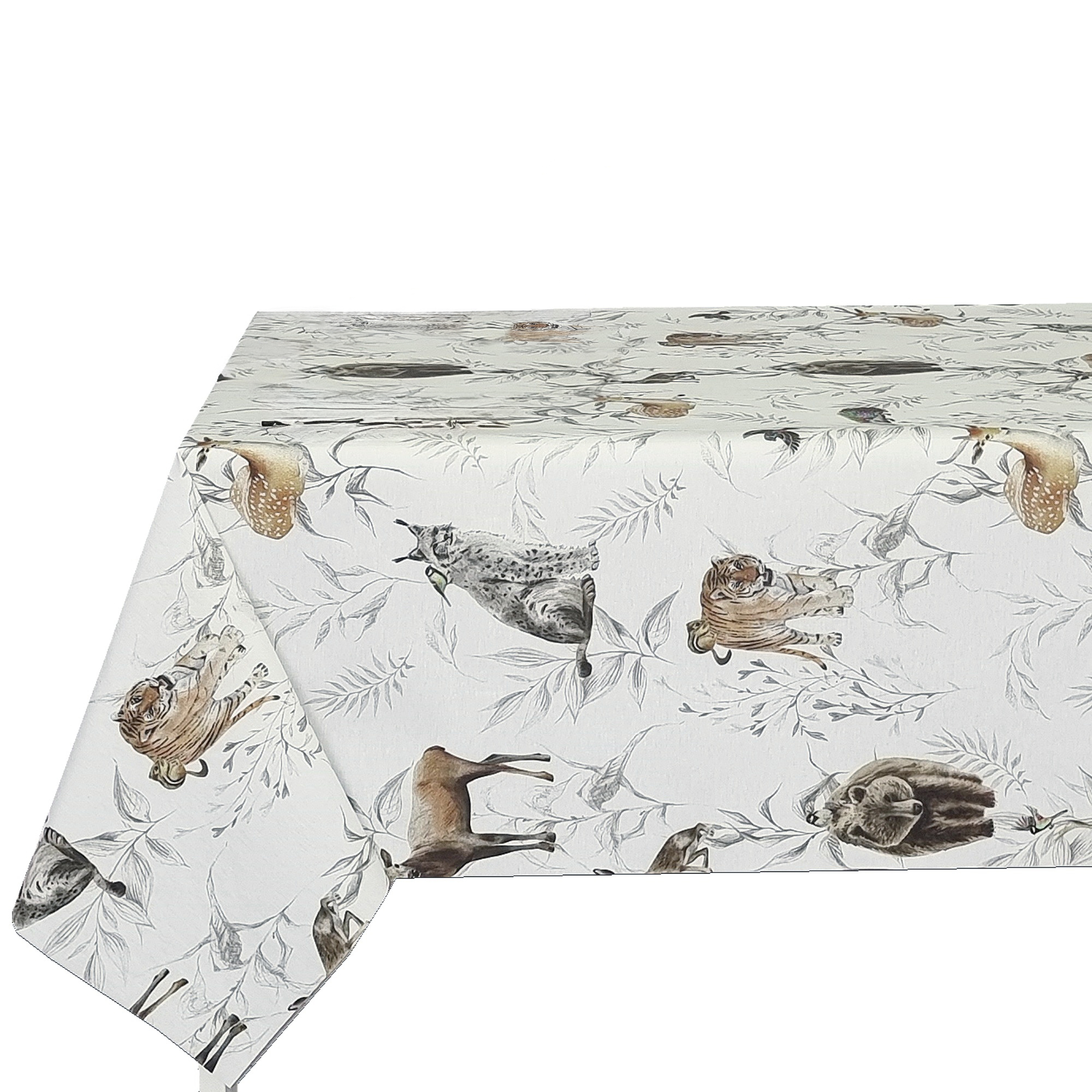 Mantel tela textil resinado suave, rectangular, Ideal para el hogar, Cocina, Comedor, Jardin, Balcon, Salon y picnic. Fácil de limpiar, Impermeable, moderno, elegantes, Naturaleza,   Animales, Fondo blanco marfil,  Ancho 137cm，DM125