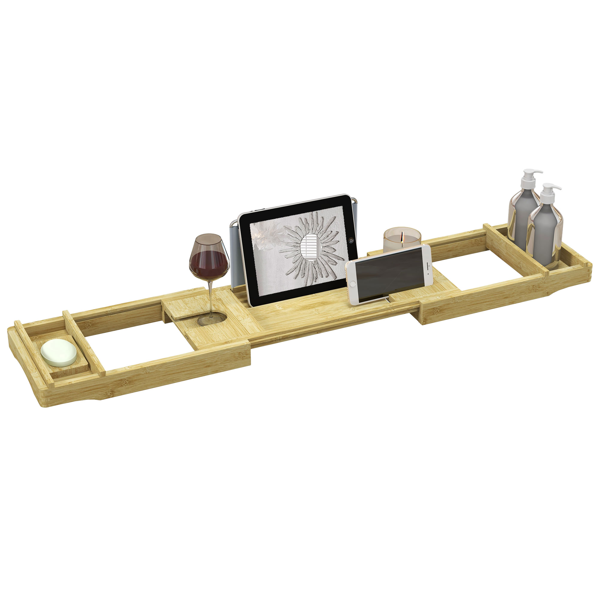 HOMCOM - Bandeja extensible para bañera de bambú con portavasos y jabonera, 75-109 x 23 x 4,5 cm, acabado en madera natural