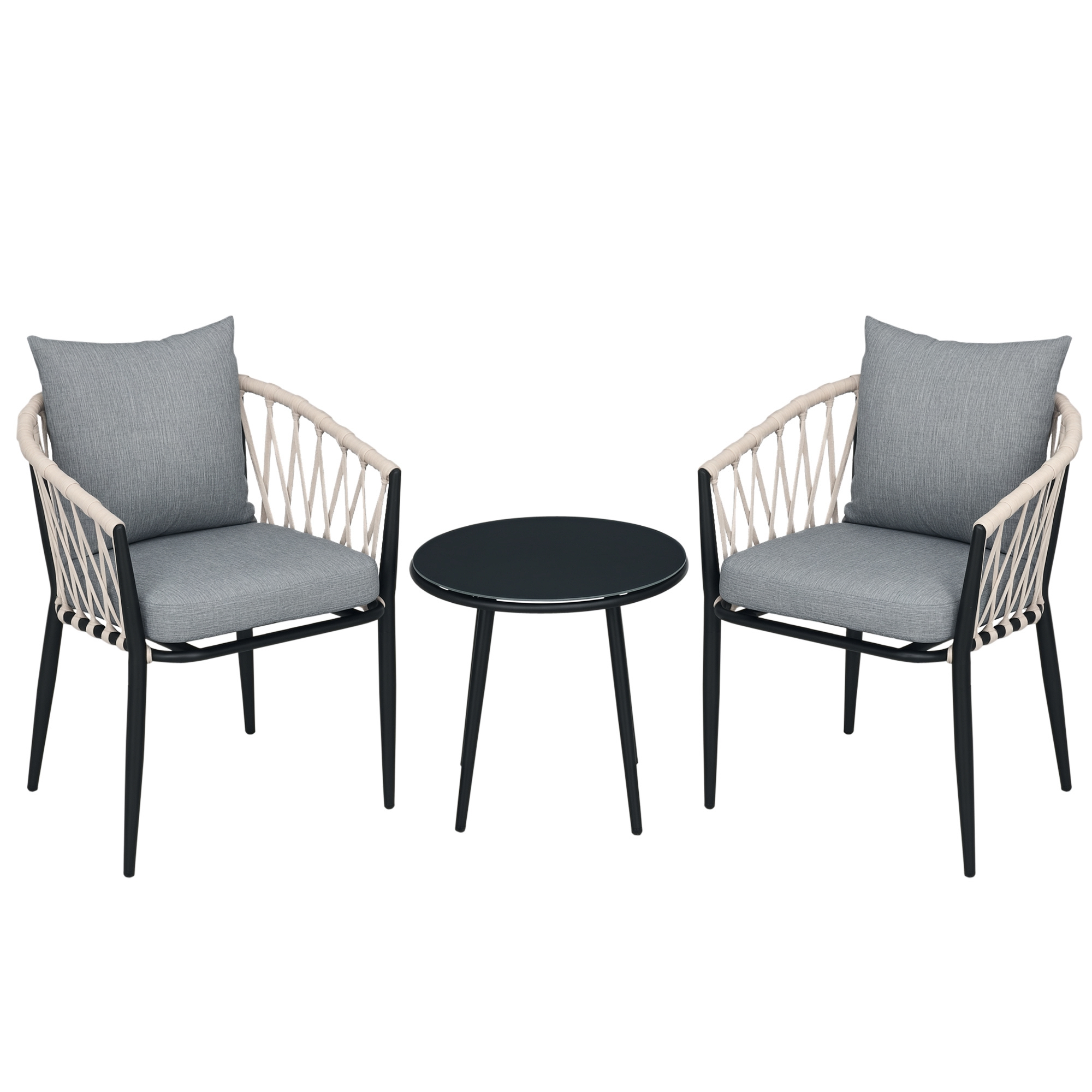 Outsunny Conjunto de Muebles de Jardín 3 Piezas Juego de Muebles de Terraza Incluye Mesa con Encimera de Vidrio Templado y 2 Sillones con Cojines Reposabrazos de Cuerda Polipropileno Gris