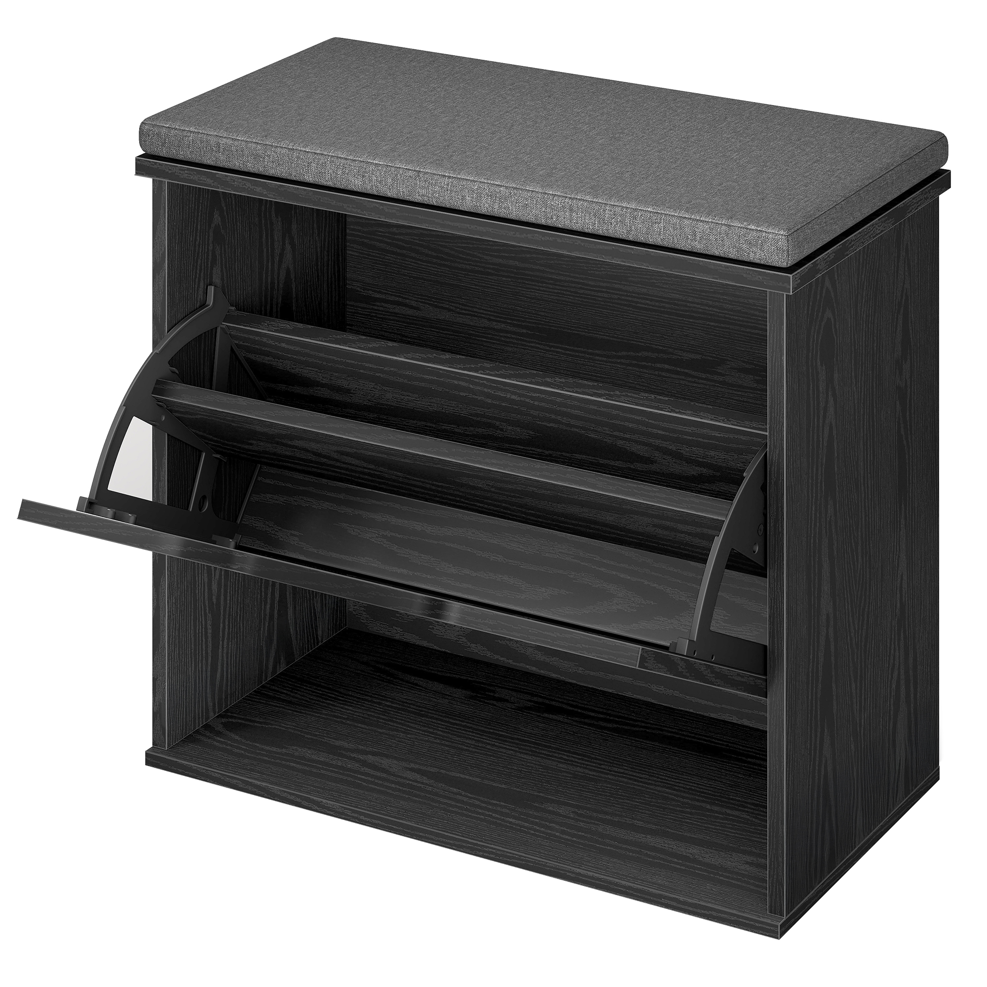 VASAGLE Banco Zapatero Acolchado, Mueble de Recibidor de 3 Niveles para 6 Pares de Zapatos, Cajón Abatible, 30 x 60 x 53,5 cm, para Entrada, Dormitorio, Negro Ébano y Gris Pizarra/Blanco Nube y Gris Paloma