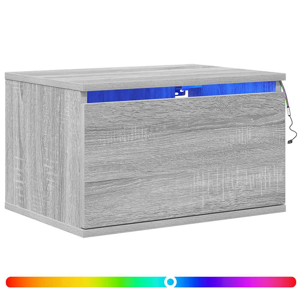 vidaXL Mesita de noche de pared con luces LED gris Sonoma