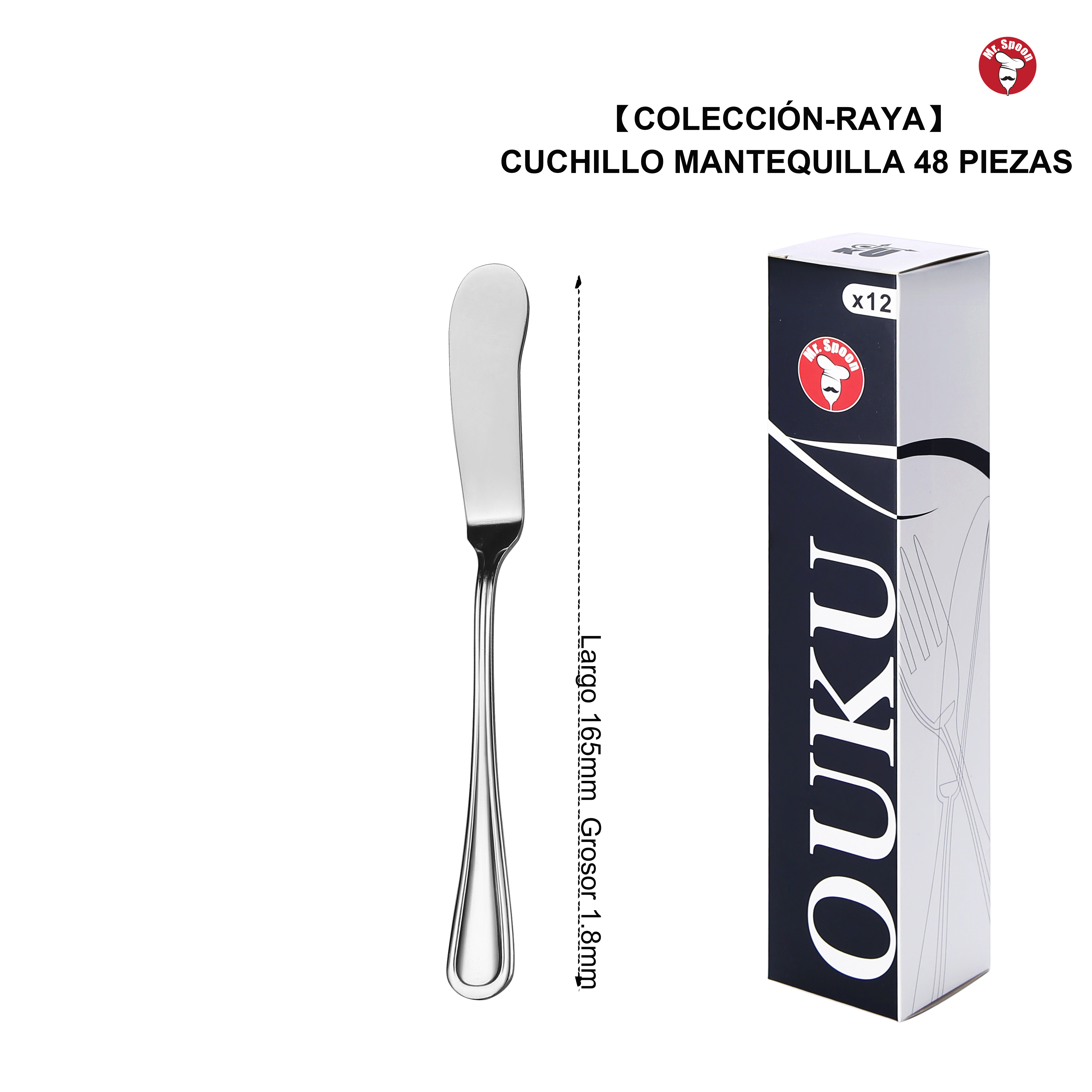 Mr.Spoon Serie Raya,Set Cubiertos ensalada y Cuchillo mantequilla 2, 6, 12, 24 o 48 piezas,Acero inoxidable18/0,Económico y funcional,Set Cubiertos ensalada210mm,Cuchillo mantequilla165mm,Mango monobloque,Apto para lavavajillas,Para casa,hotel,restaurante