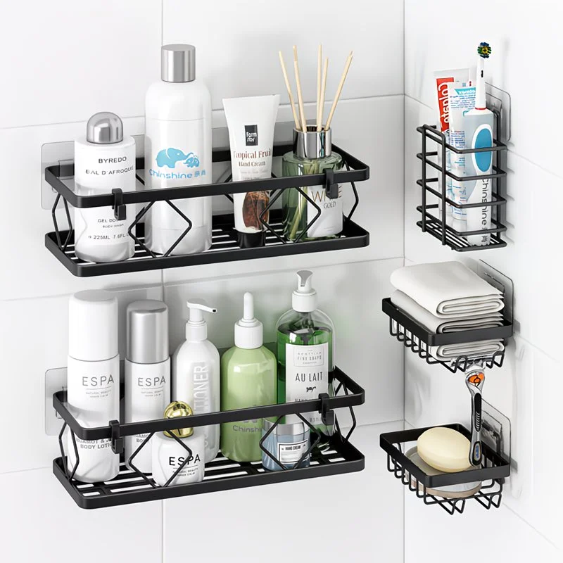 MIMO 6pcs Estantería Baño sin taladro, Estantería Cocina, Estante de baño en la pared, Incluidos Estantes, Portajabones, Portacepillos, Portamaquinillas, Ganchos, Adhesivos de Montaje, Almacenaje y accesorios de baño MIMO