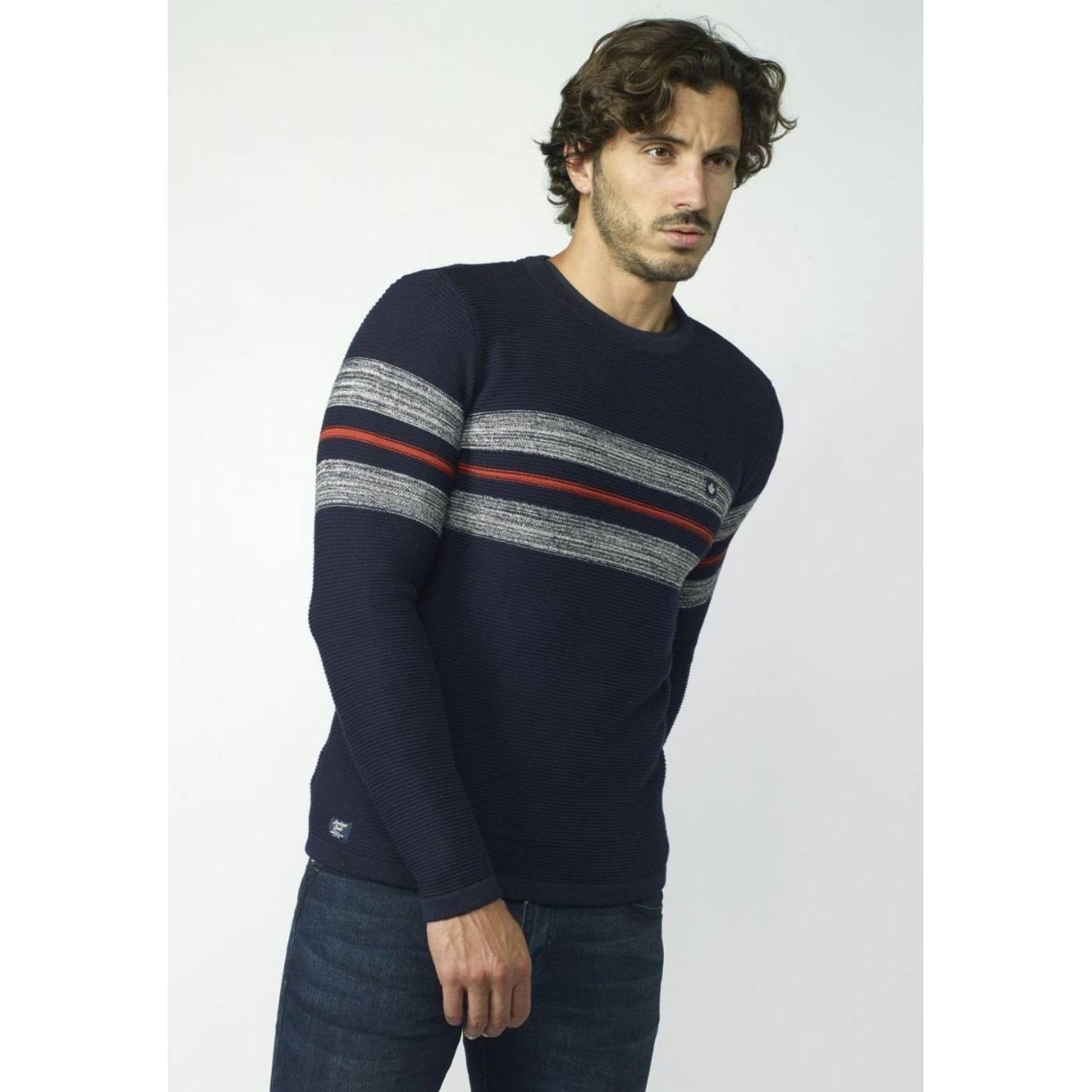 Koroshi - Jersey de punto canutillo para hombre con rayas centrales a contraste en el pecho, 100 % algodón, cuello redondo y manga larga