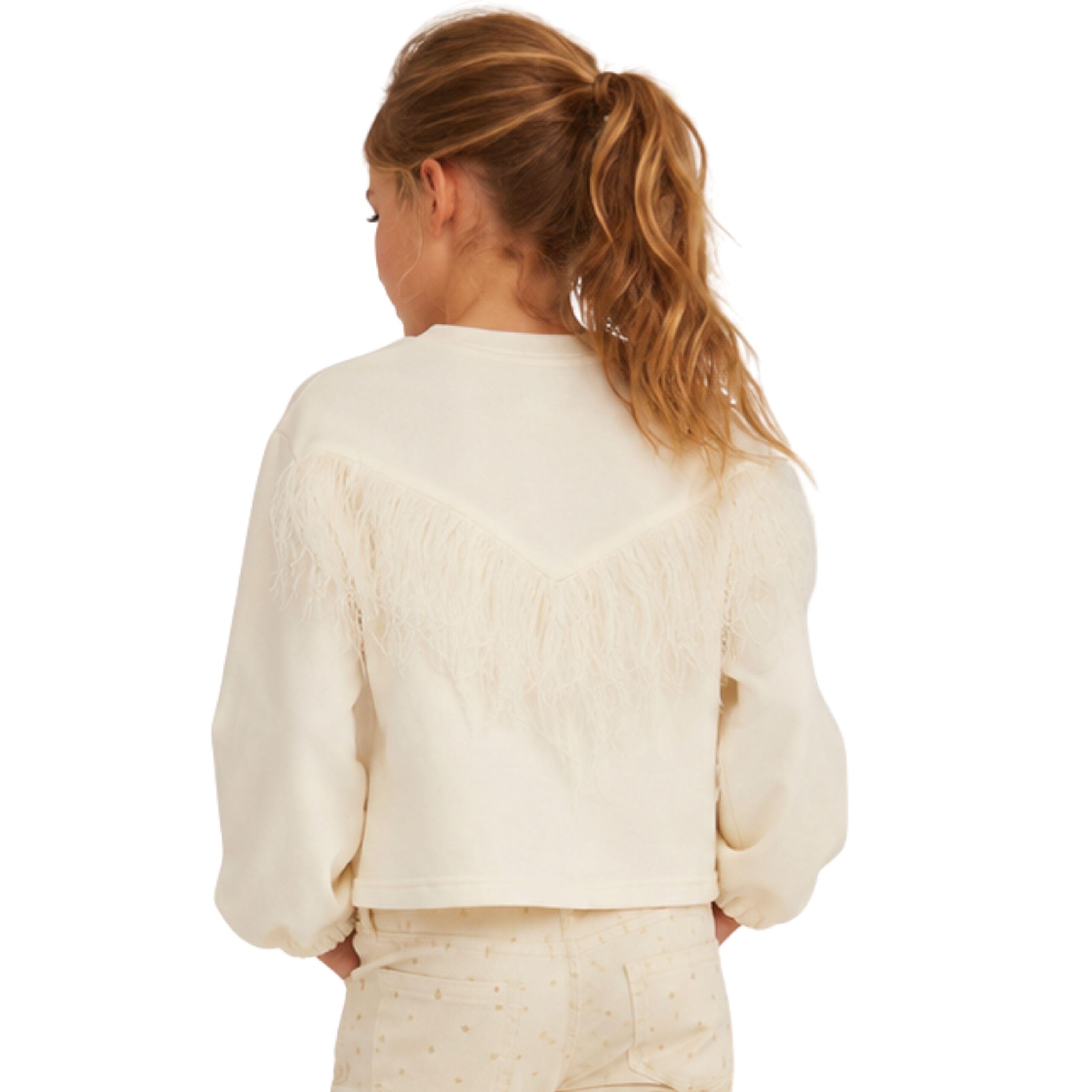 Sudadera Niña Blanca con Plumas en Espalda, Manga Larga Abullonada, Cuello Redondo, Sudadera Juvenil Elegante- Tallas 4 a 18 años
