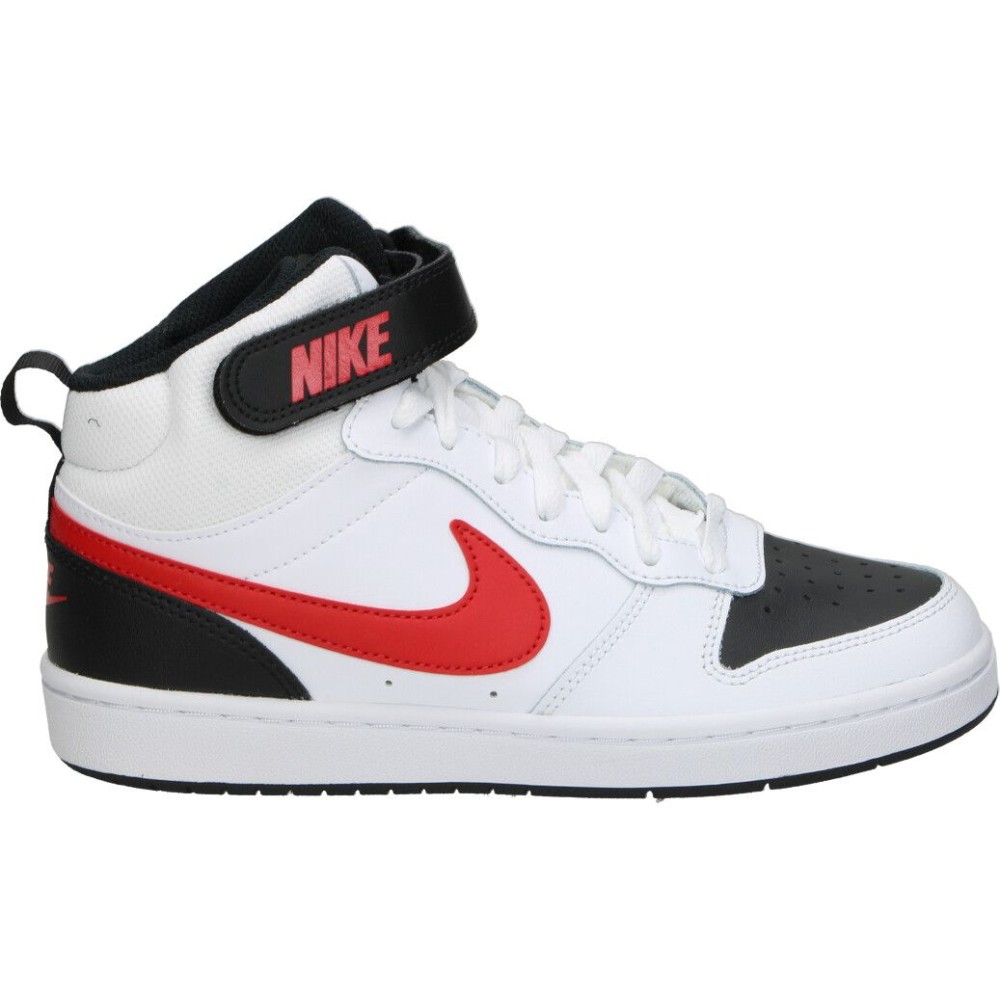 NIKE | Deportivas Nike Court Borough Mid 2 Infantiles – Zapatilla Alta en Color Blanco con Detalles en Negro y Rojo – Sneakers Casual para Niño con Cierre de Cordones y Adhesivo – Estilo Casual – Cómodas y Combinables - Modelo CD7782-110