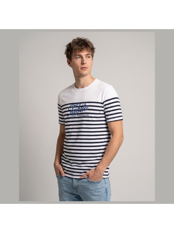 Camiseta TABITA NAVY STRIPES de algodón orgánico peinado 180 g/m², con logo firma en azul sobre rayas horizontales, ideal verano TABITA