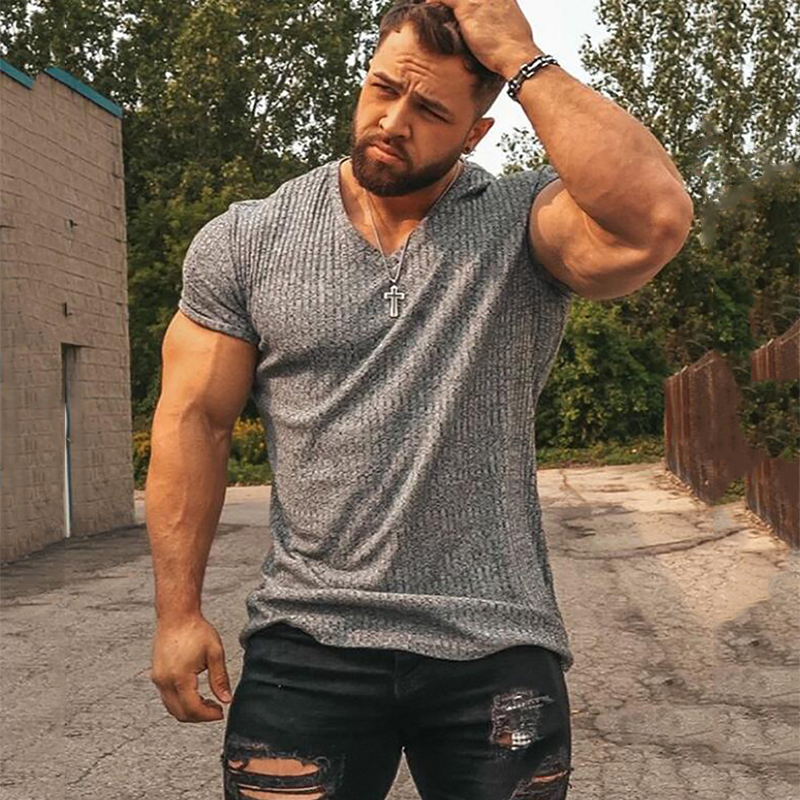 TK Men Short Sleeve Casual Slim Fit Workout Shirts Striped Elastic Knitted Quick Dry Tops Gym Bodybuilding Fitness Muscle T-shirts