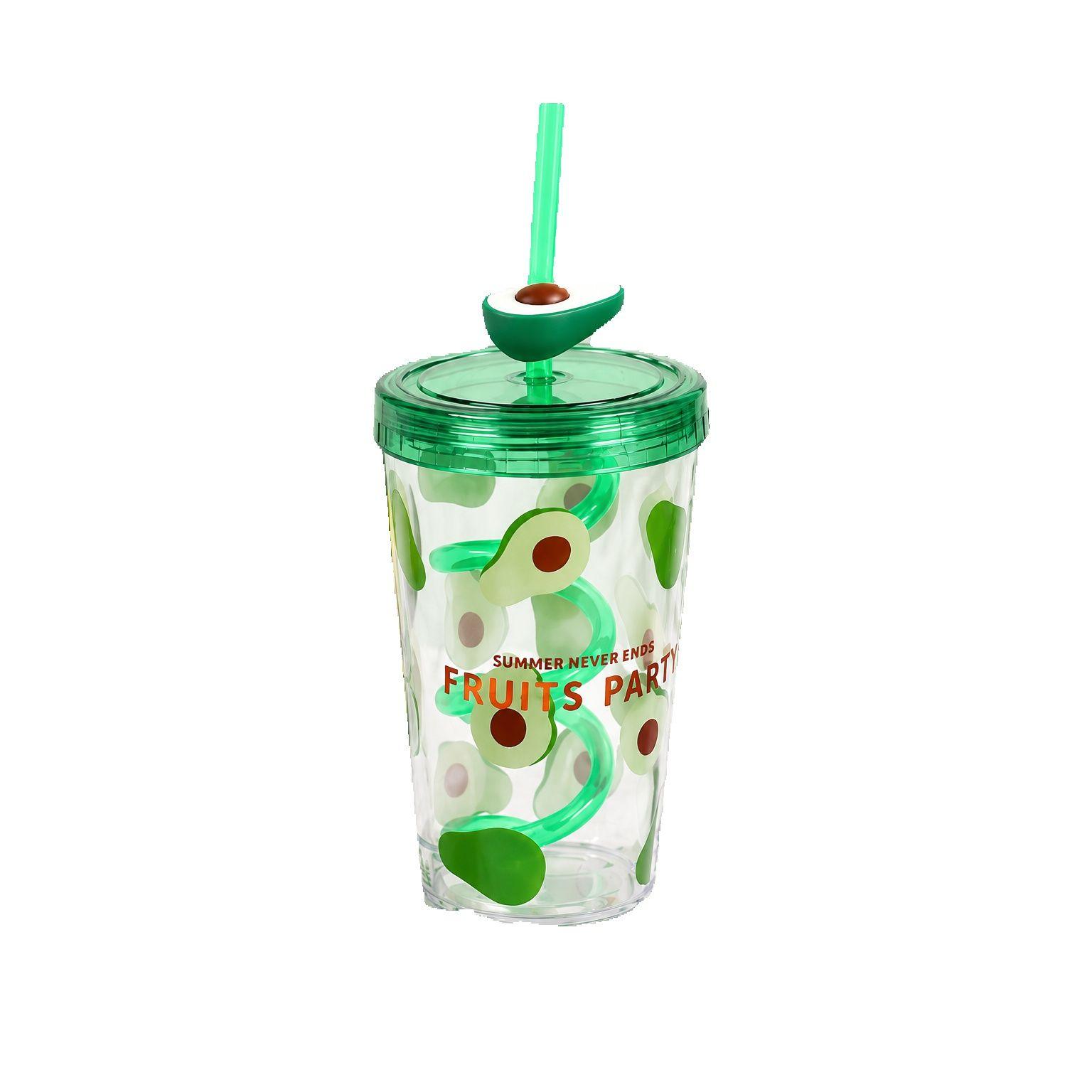 450ml Plastic Tumbler Cup with Fun Spiral Twisty Straw | Double Wall Clear Fruit Reusable Iced Coffee Mug | Cute Summer Juice Drinkware with Topper Lid for Office & Home