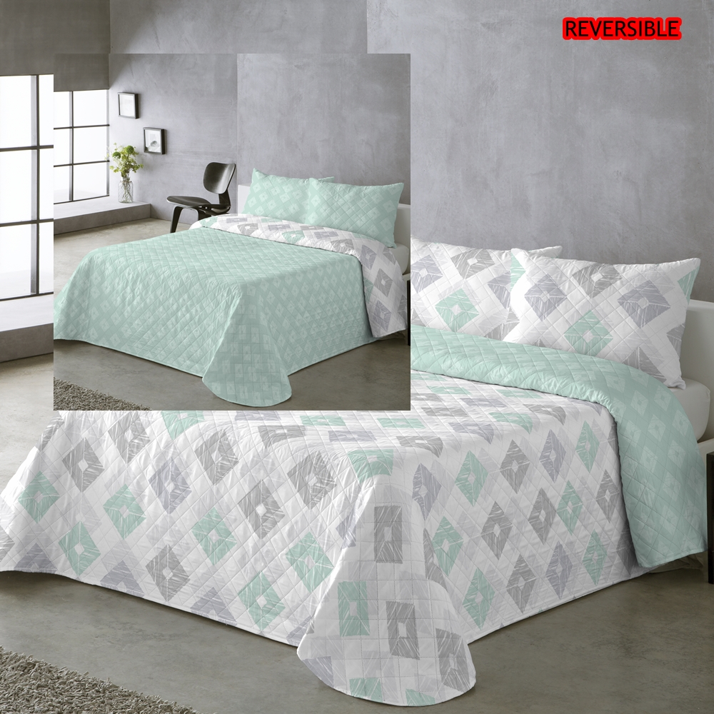 Moda Textil Colcha Bouti Primavera Verano Reversible Color Aqua Mod.Rombos Cama 90 ,105,135 y 150  Ligeras y Suaves Incluye fundas de cojín