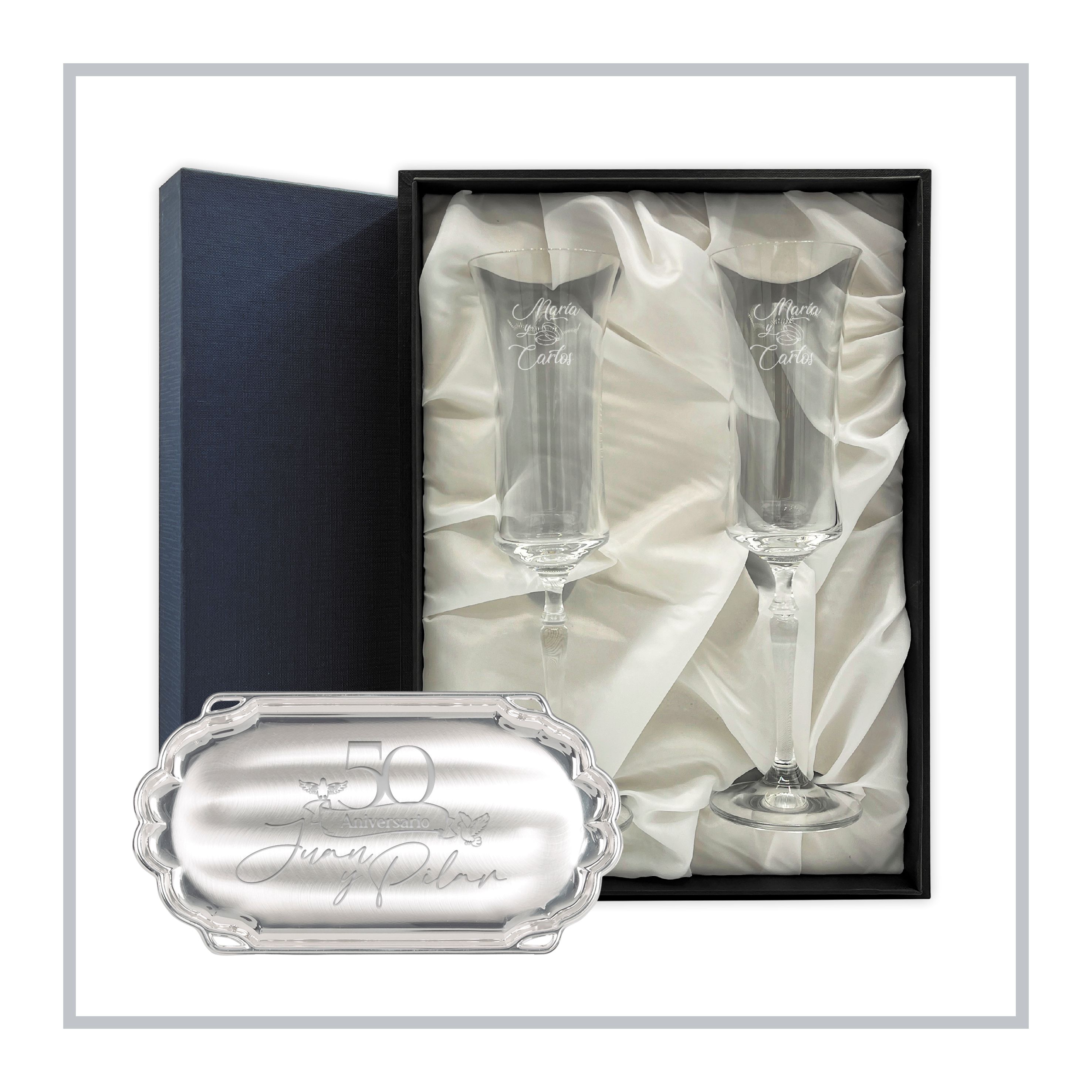 RegaloVip.es - Copas Champán Bohemia con Bandeja, Estuche de Lujo Azul. Cristal de Bohemia, Regalos personalizados y originales, copas personalizadas, brindis con emoción, regalo bodas, 25 aniversario, 50 aniversario, bodas plata, bodas de oro.