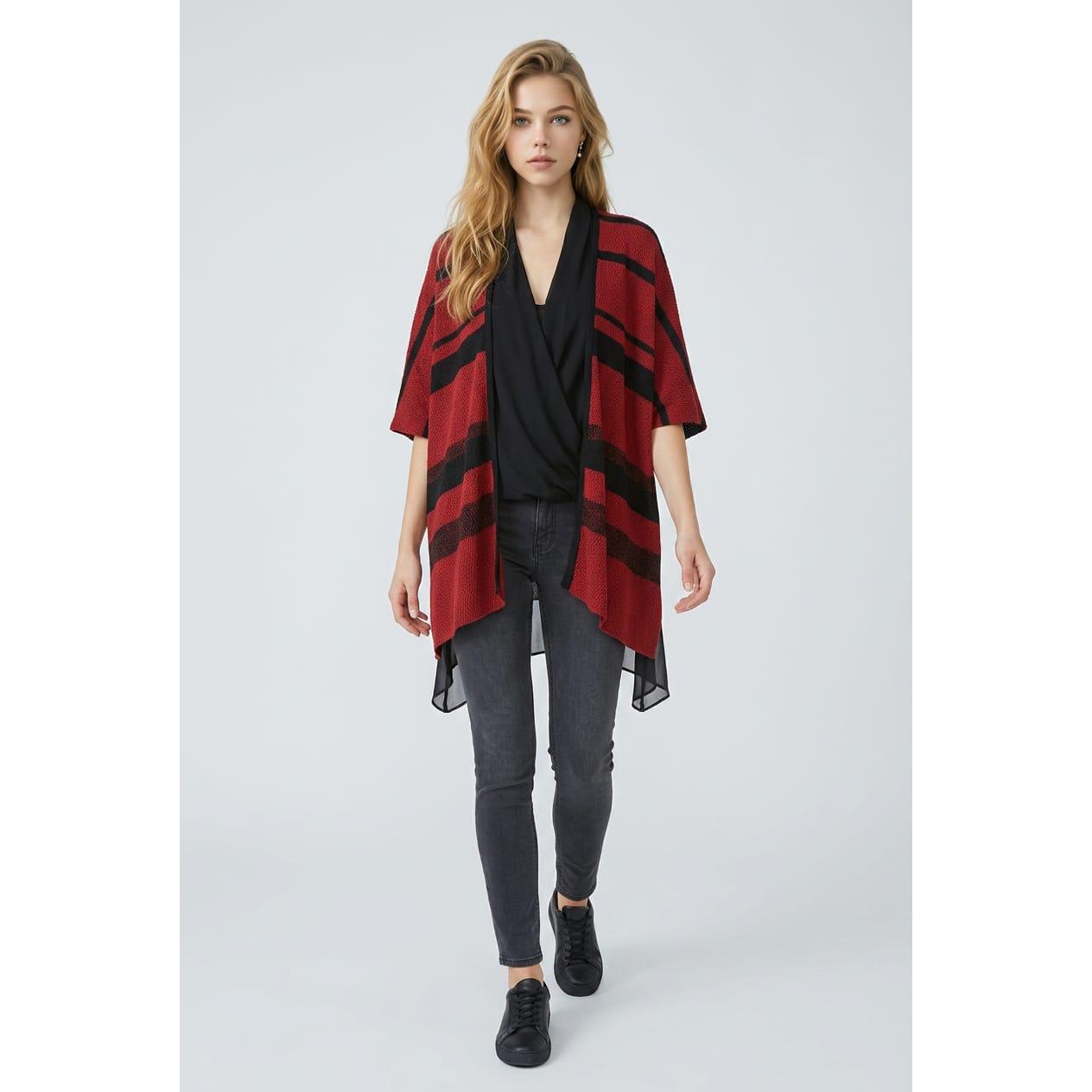Chaqueta de punto fino Marca BanBat con franjas en contraste, ligera y versátil para uso diario u oficina, cuello redondo y escote en V, manga japonesa, sin cierre — 55% acrílico, 45% nylon- Ref: D8081