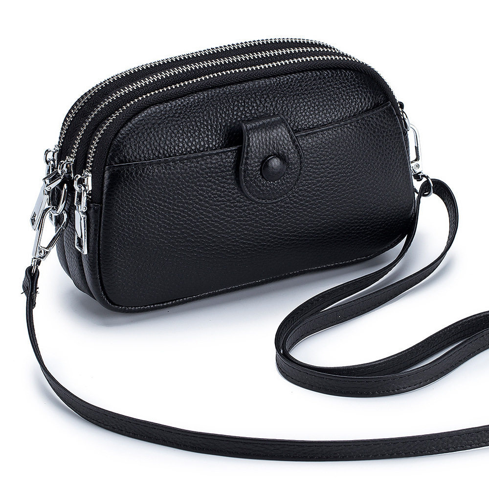 Bolso bandolera pequeño de piel auténtica para mujer, 3 compartimentos con cremallera, 1 bolsillo frontal