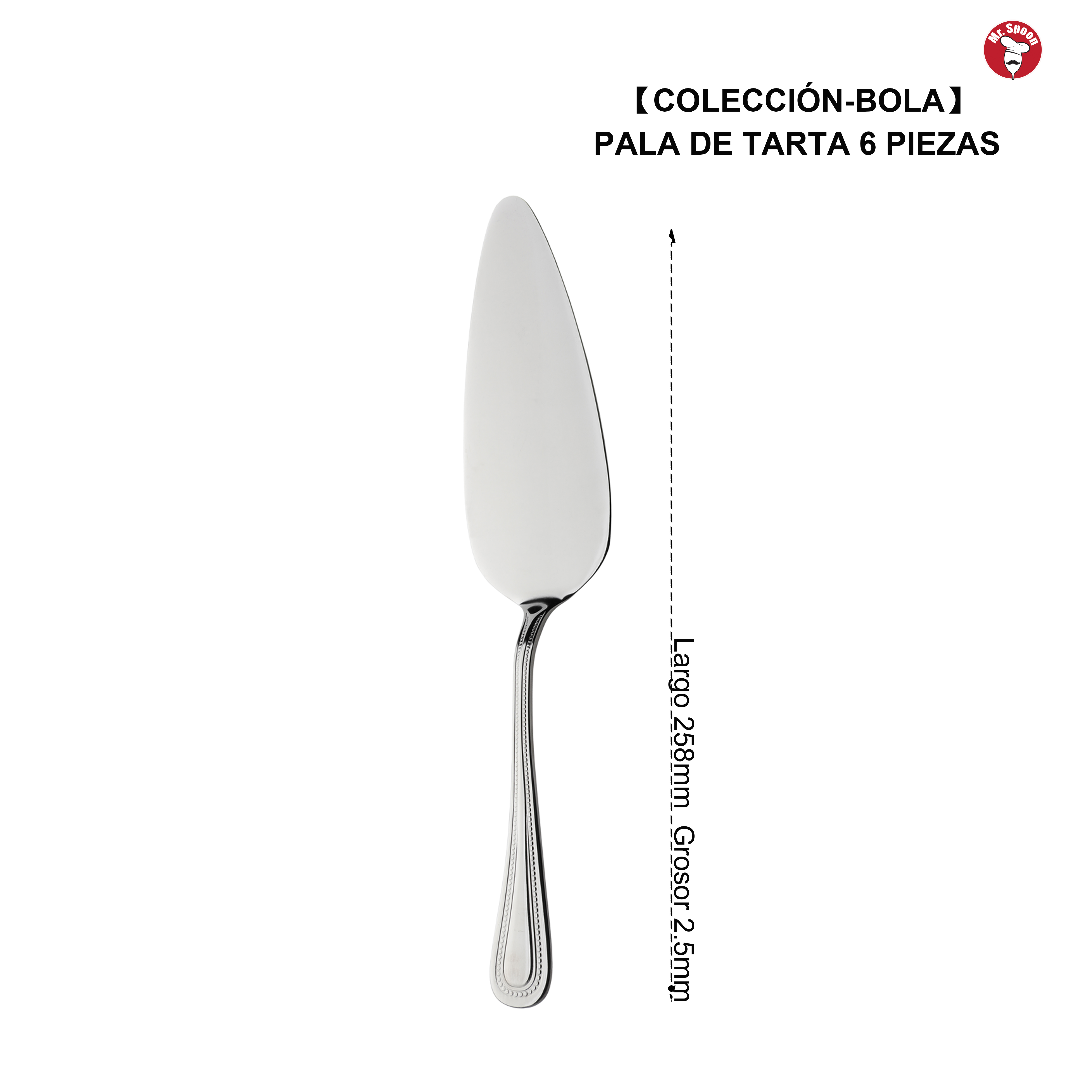 Mr.Spoon Serie Bola,Pala y Cuchillo para Tartas de 2, 6 o 12 piezas,Acero inoxidable 18/0,Plateado,Económico y funcional,Cuchillo de tarta largo283mm,Pala de tarta 258mm,Mango monobloque,Apto para lavavajillas,Empaque ecológico,Para casa,hotel,restaurante