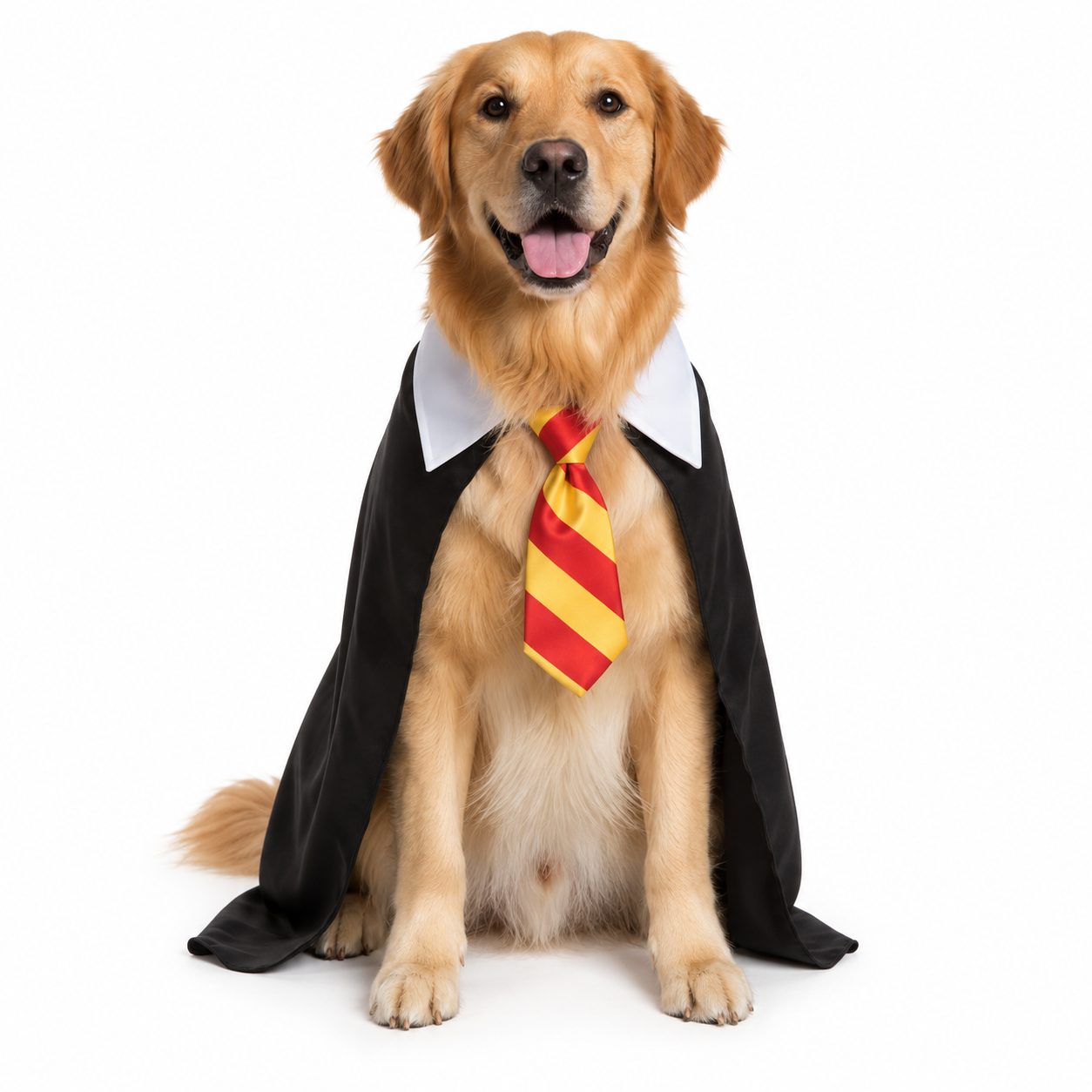 Disfraz de Aprendiz de Mago para Mascota Talla M, 1 Pieza con Capa Negra, Cuello Blanco y Corbata a Rayas Rojas y Amarillas, Traje para Perro en Halloween, Carnaval, Fiesta Temática, Cosplay y Sesión de Fotos