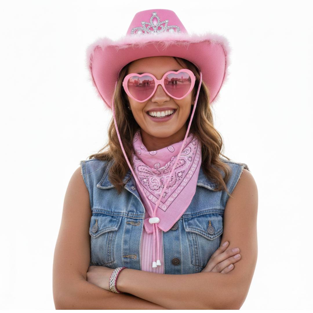 Sombrero Cowgirl con Tiara Plumas, Gafas de Sol, Bandana Western Paisley | Disfraz Vaquera | Halloween Carnaval | Kebedo Moda