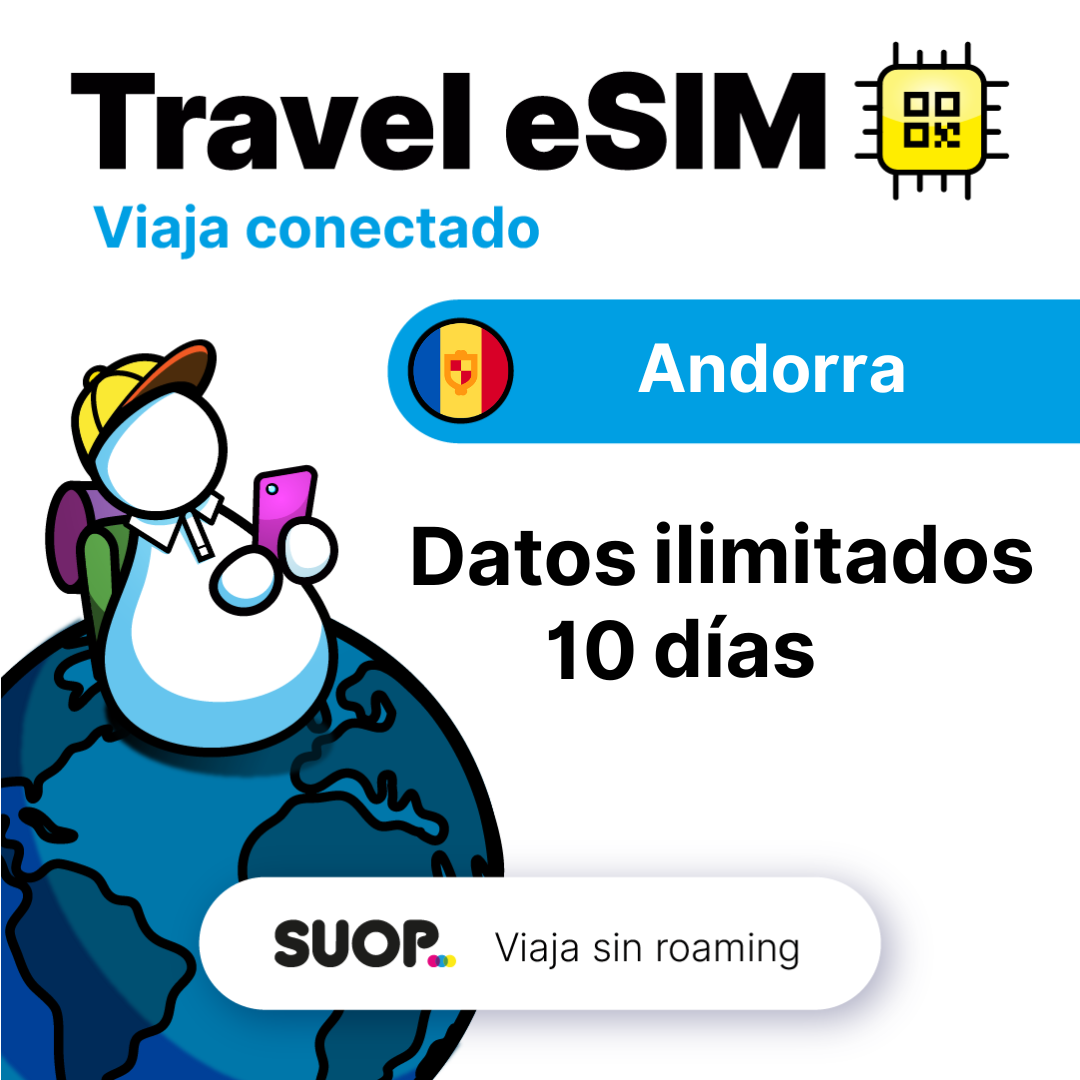 SUOP Travel eSIM para Andorra con datos ilimitados. Tarjeta prepago. Viaja sin roaming. Internet móvil de alta velocidad