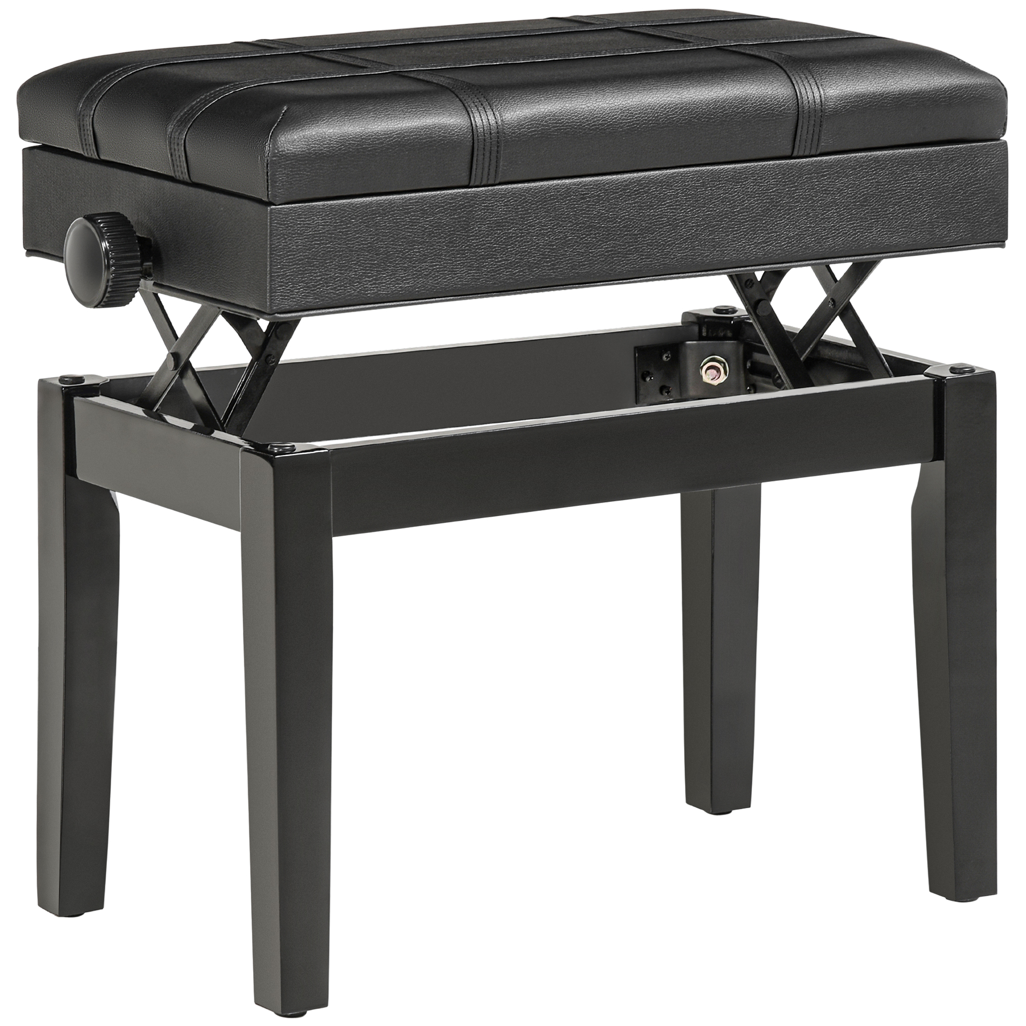 HOMCOM Banco para piano, taburete para piano de altura regulable con espacio de almacenamiento oculto, banco para piano con cojín de cuero, negro, 63 x 35 x 46-56 cm