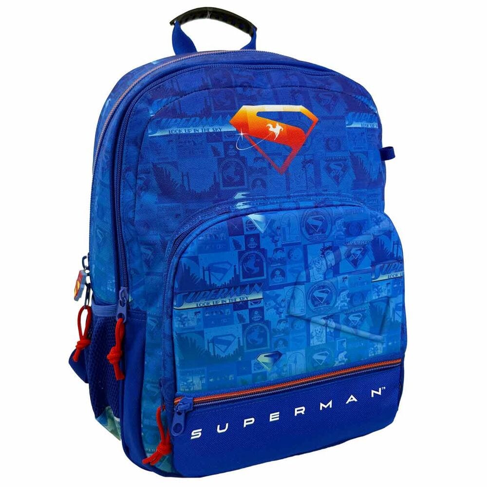 Mochila Escolar Superman DC Comics, Adaptable a Carro, 35x19x43 cm (43 cm), 3 Bolsillos con Cremallera, Espaldera Transpirable Acolchada, Laterales de Rejilla, Azul