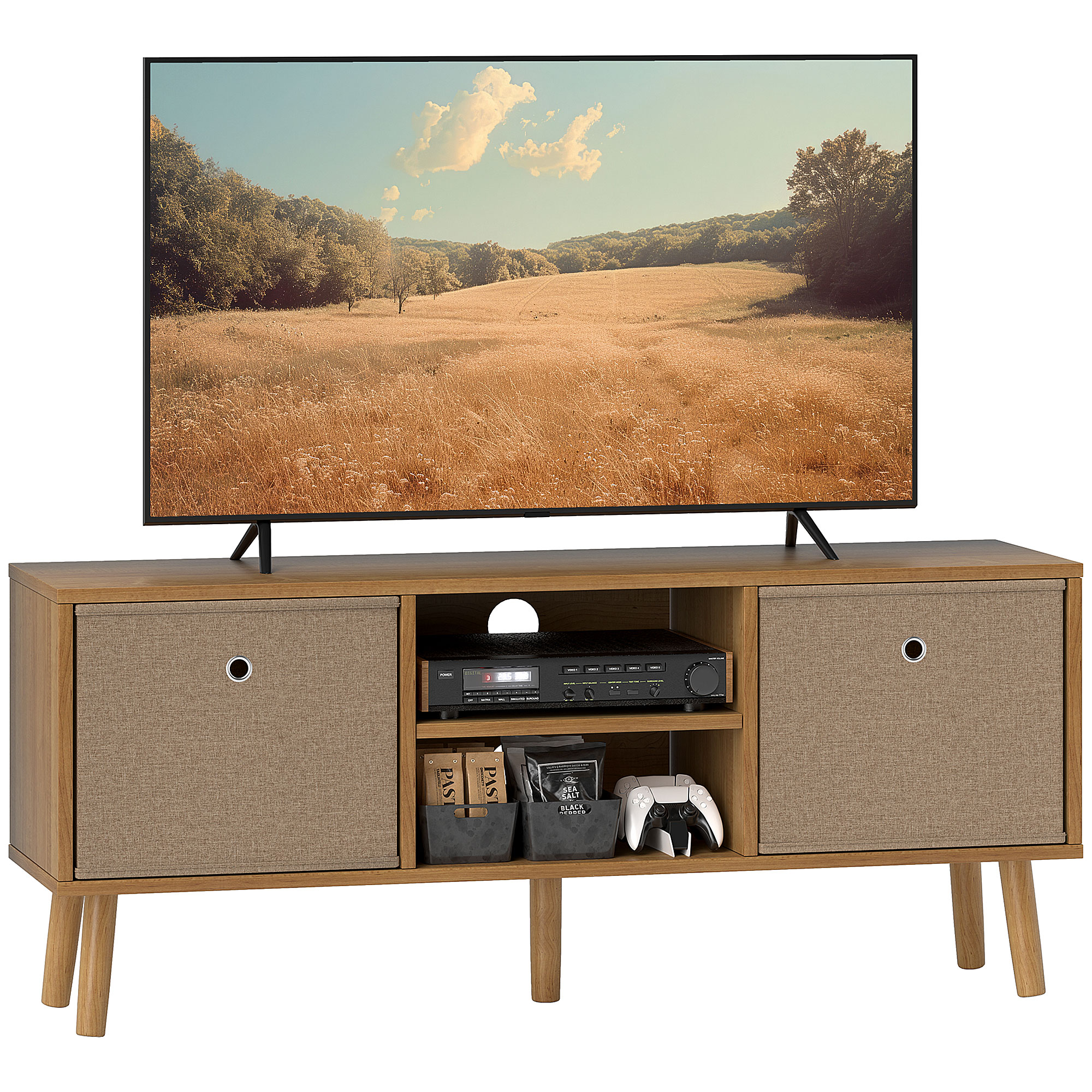 HOMCOM Mueble de TV, Mesa de TV con 2 Cajones de Tela, 2 Estantes Abiertos, Orificios para Cables, para Televisores hasta 50 Pulgadas, Largo de 110 cm, para Salón, Dormitorio
