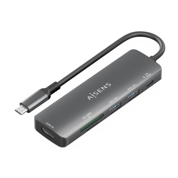 Aisens usb-c dock 6 en 1 - usb-c a 1xhdmi - 2xusb-a - 1xusb-c pd 100w - 1xsd - 1xmicrosd - 15cm - color gris