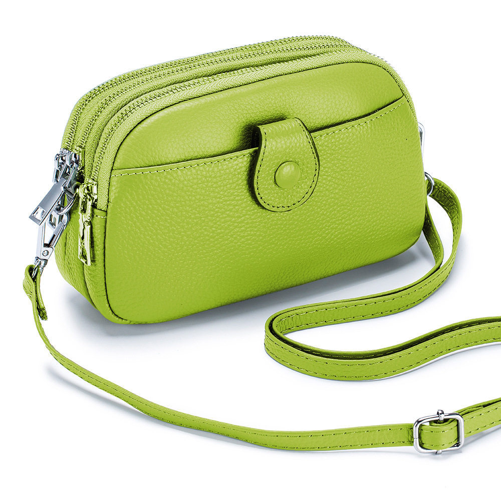 Bolso bandolera pequeño de piel auténtica para mujer, 3 compartimentos con cremallera, 1 bolsillo frontal