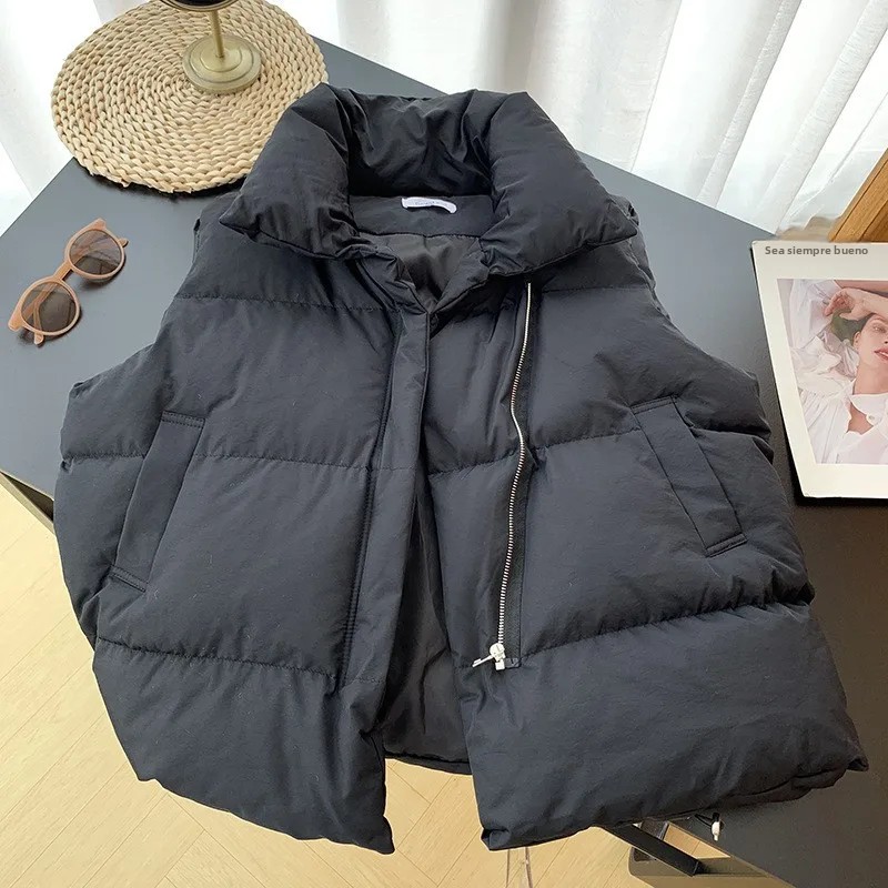 Chaqueta De Algodón Y Poliéster Para Mujer Estilo Casual Elegante Invierno Sin Mangas Cuello Erguido Botones Ajustable Cintura