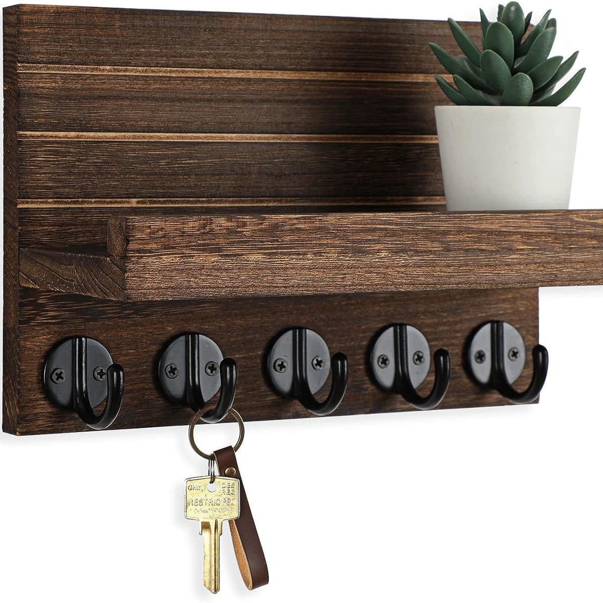Sleutelrek met plankje, decoratieve houten wandplank, met 5 sleutelhaken, voor entree, hal, slaapkamer, woonkamer, sleutelrek hout Bruin