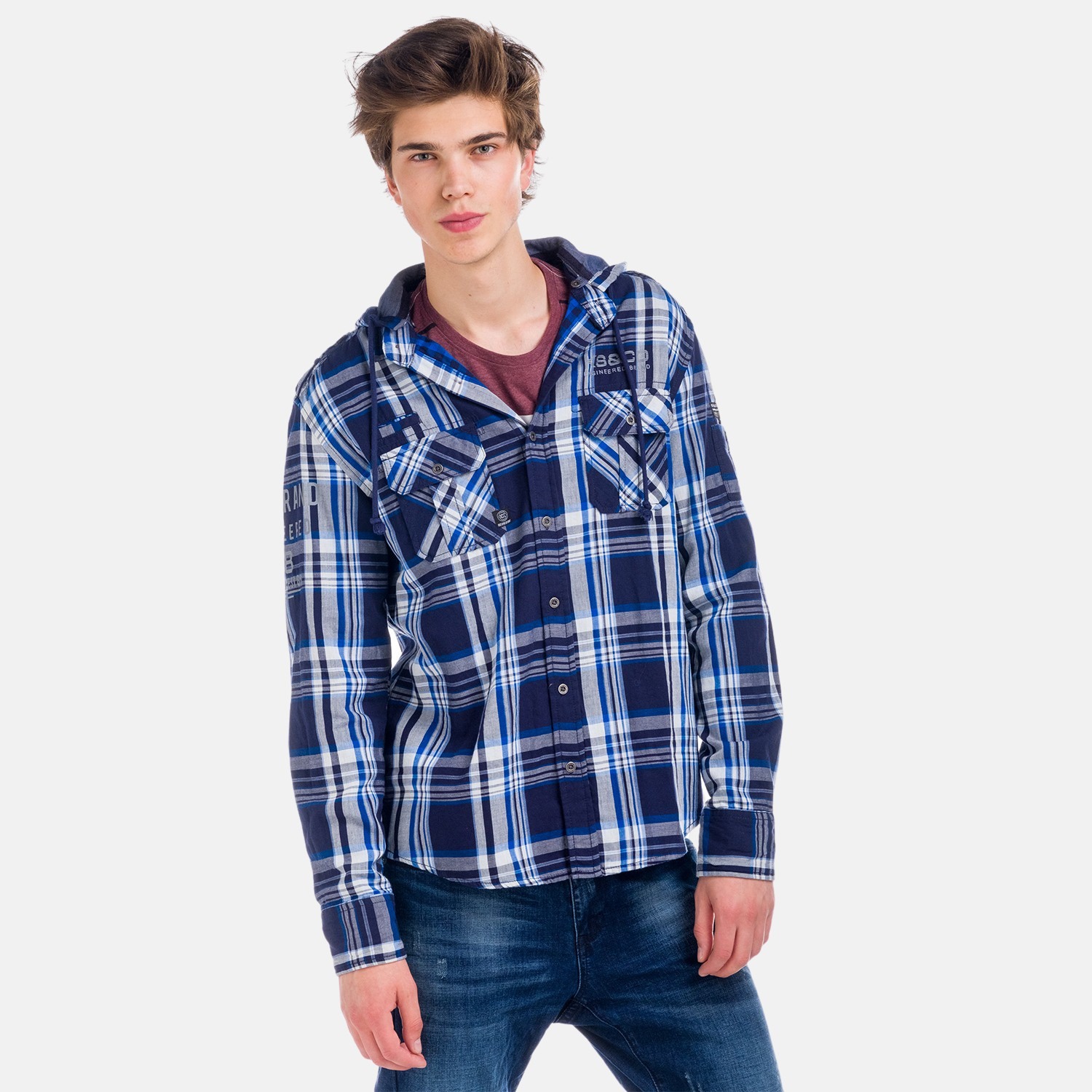 Koroshi - Sobrecamisa de cuadros con capucha para hombre, 100% algodón, cierre de botones metálicos y bolsillos con solapa – Koroshi Sobrecamisa Hombre
