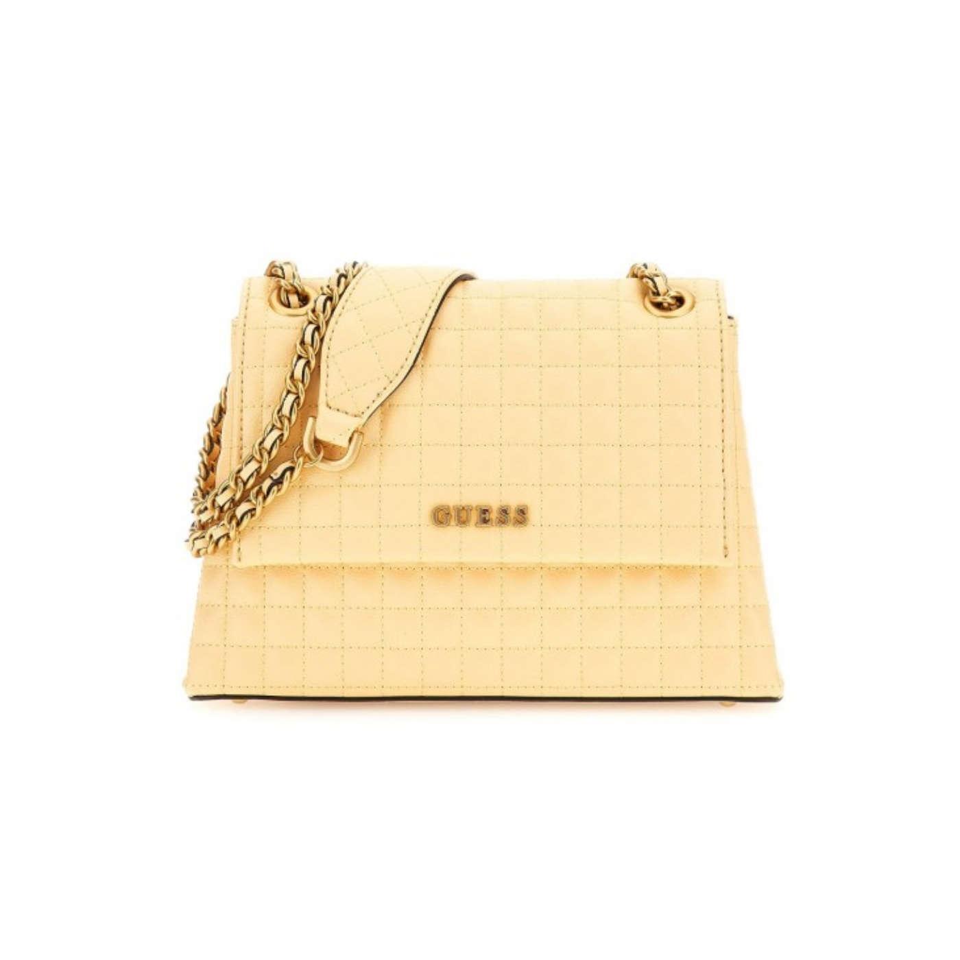Bolso Guess Tia amarillo guateado con cadena dorada de mujer