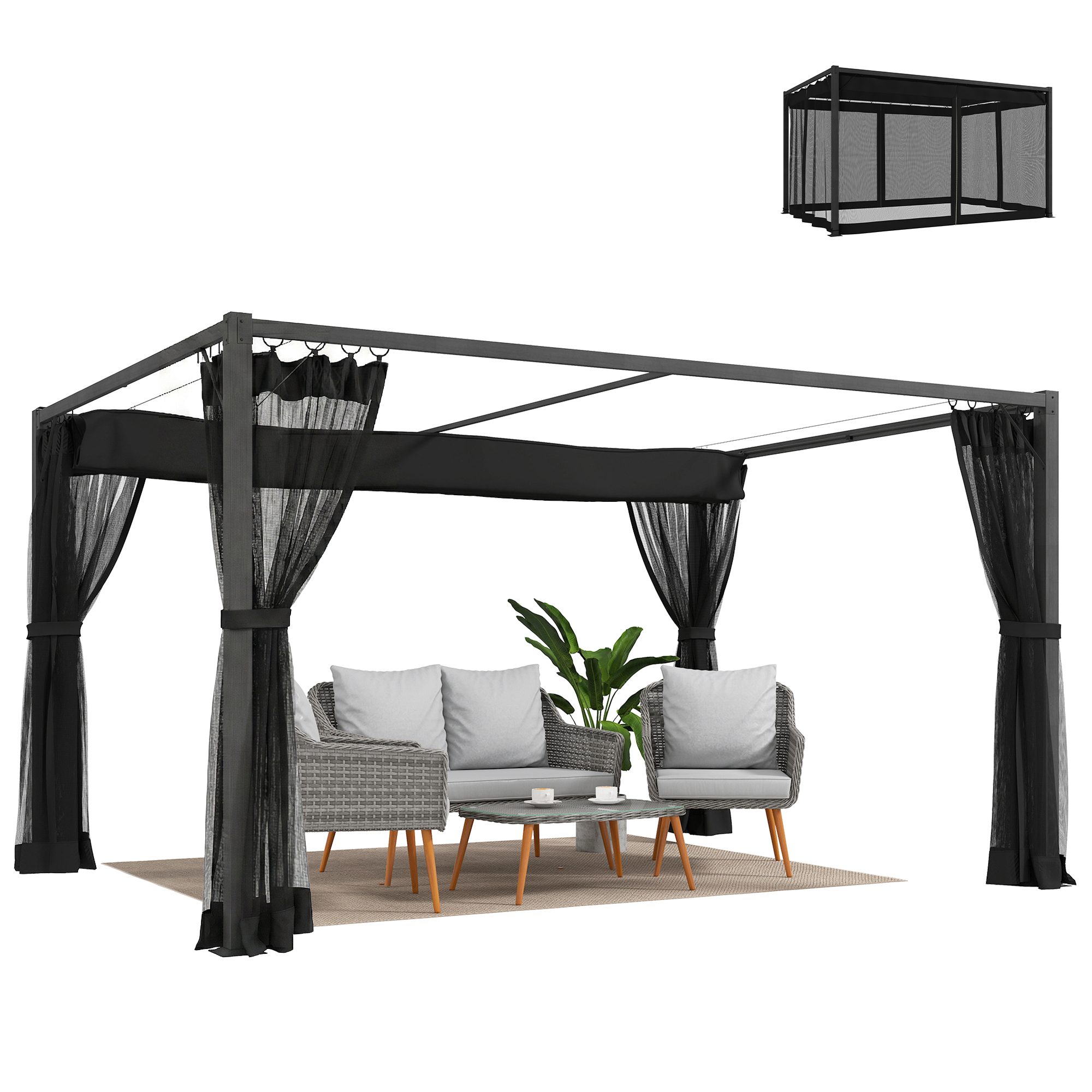 Outsunny Pérgola de Jardín 3x4 m con Techo Retráctil y 4 Paredes Laterales de Malla, Cenador de Jardín con Estructura de Aluminio, UPF30+, Pabellón para Exterior, Patio, Terraza, Gris Oscuro